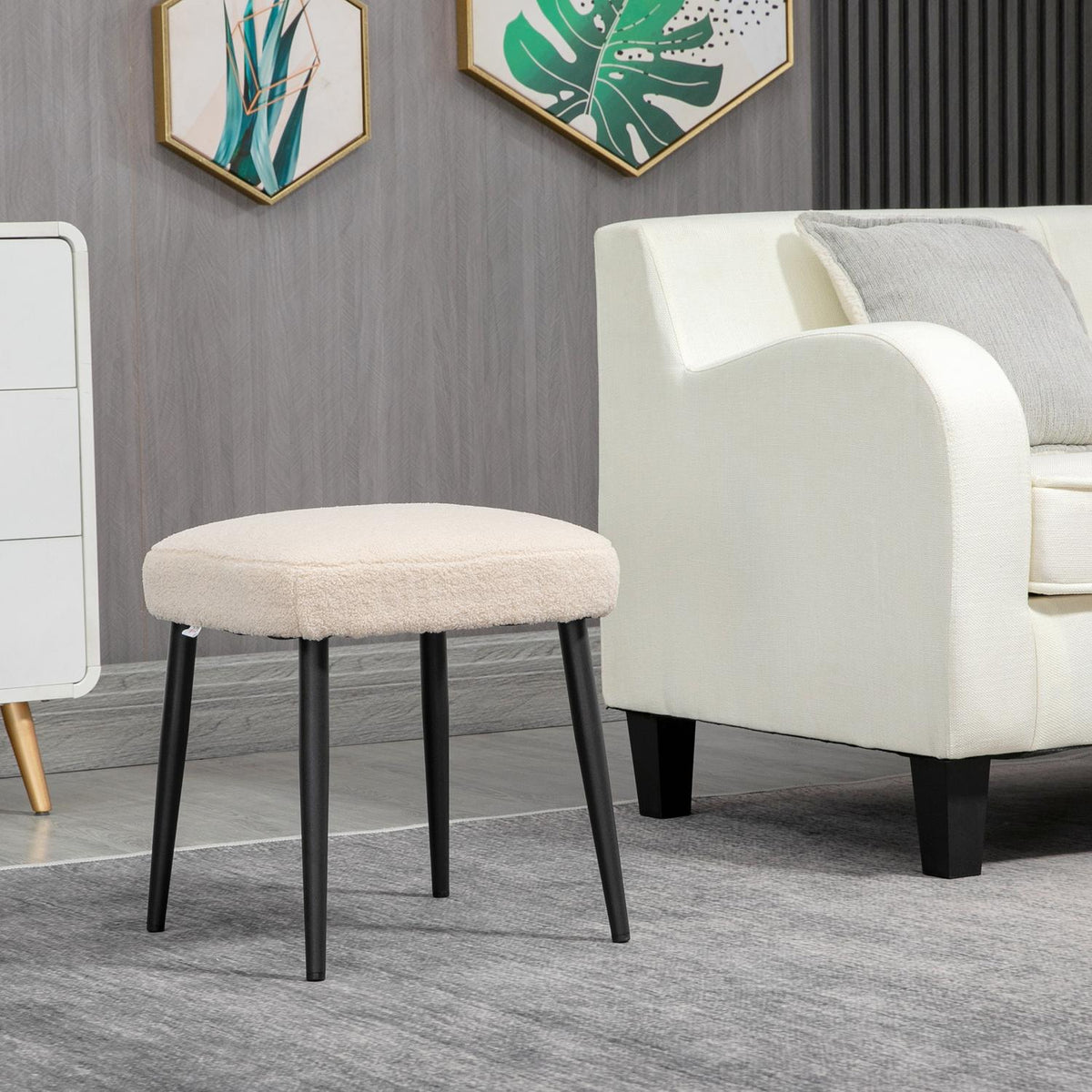 Poggiapiedi quadrato beige, effetto cashmere, gambe in acciaio, 42x42x47 cm