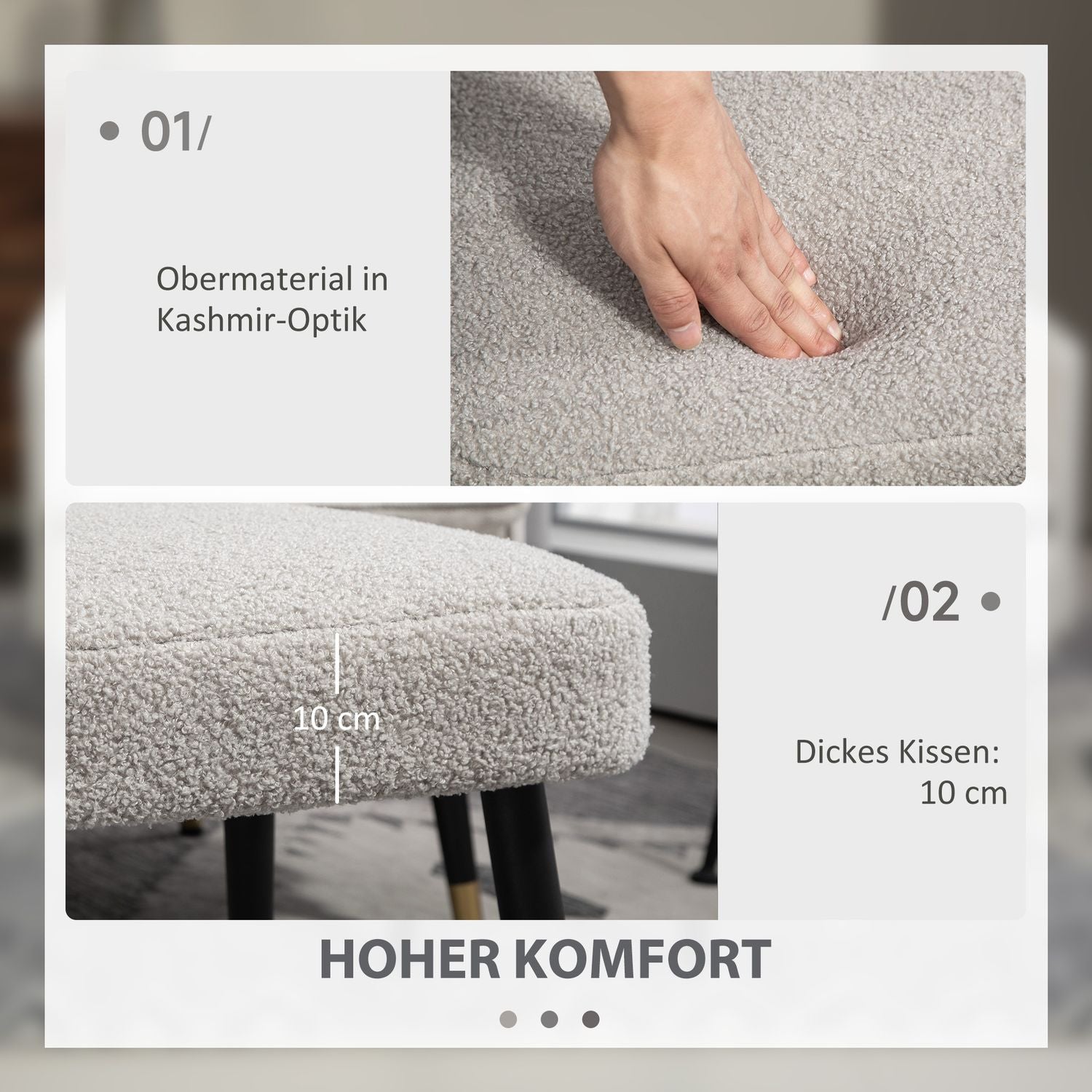 Fyrkantig fotpall med stålben, kashmirlook, ljusgrå