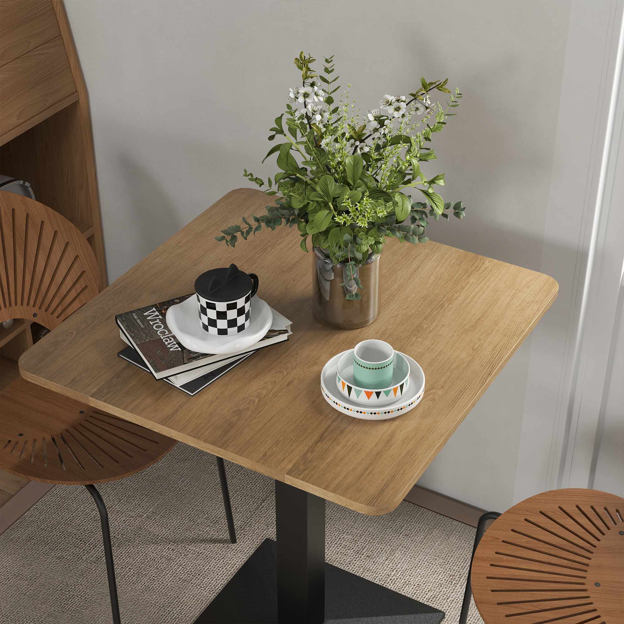 Fyrkantigt matbord, mörkbrunt, träliknande, stålbas