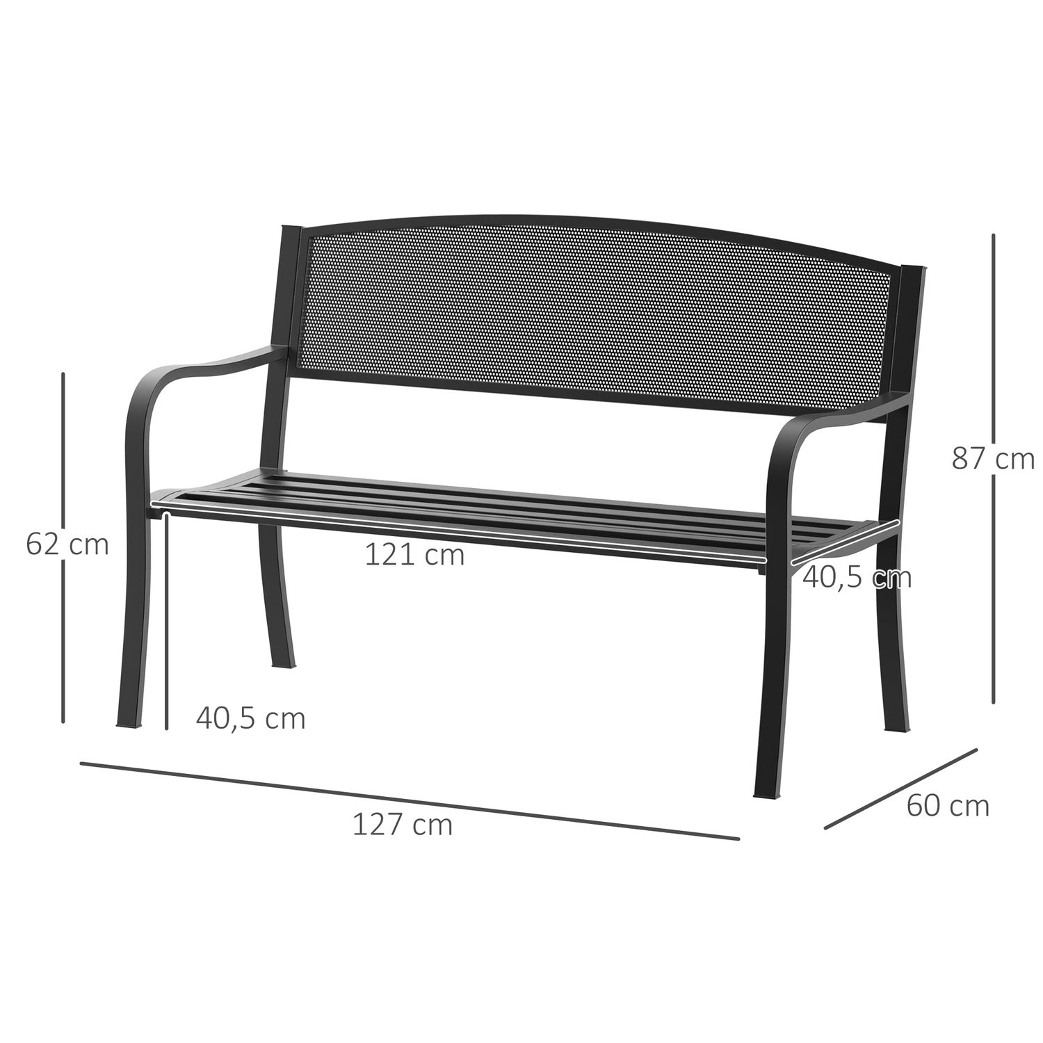 Garden Steel 2-Sits Bänk – Svart, B127 x D60 x H87Cm