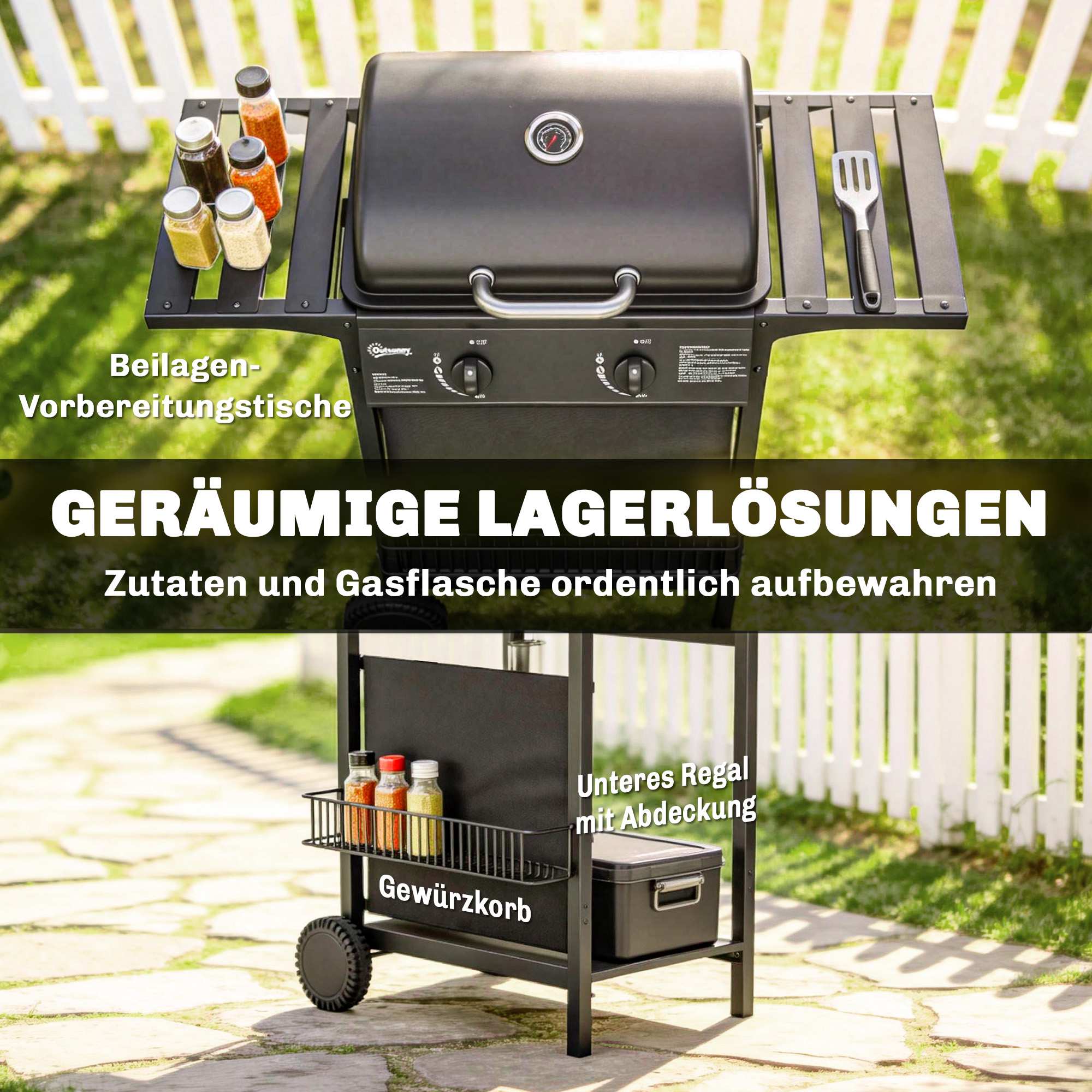 Gasgrill 5kW, 2 brännare, rostfritt stål, sidobord