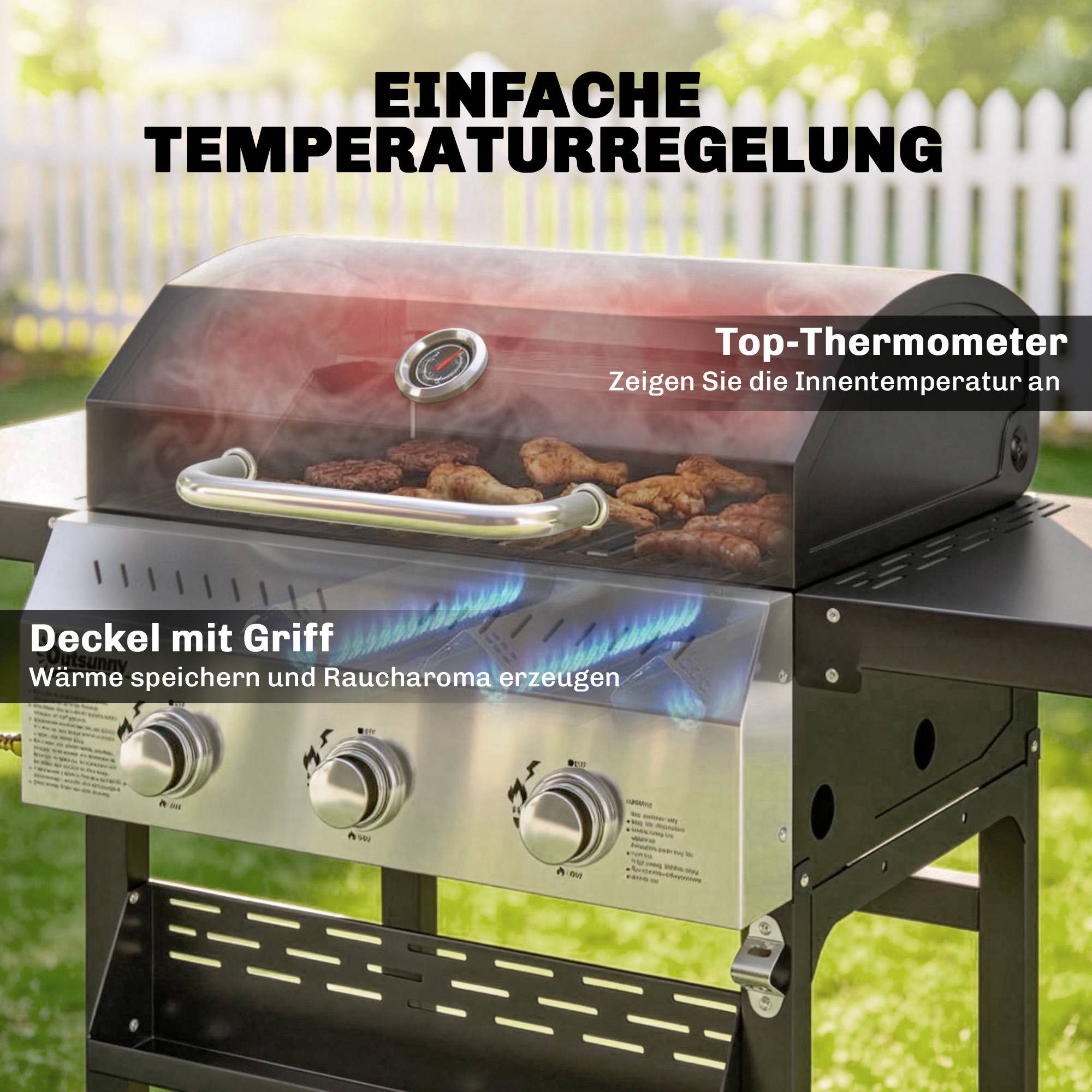 Gasgrill 9kW, 3 brännare, rostfritt stål, fällbara hyllor
