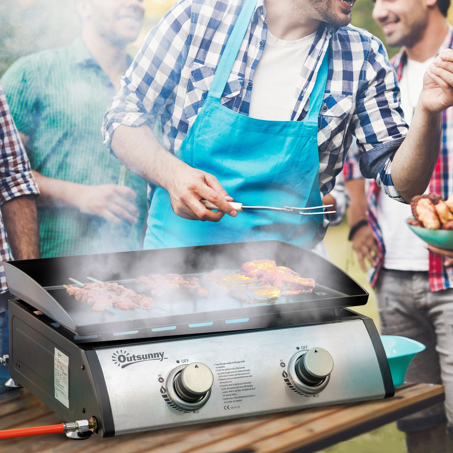 Gasgrill för bord - 2 brännare, rostfritt stål, non-stick