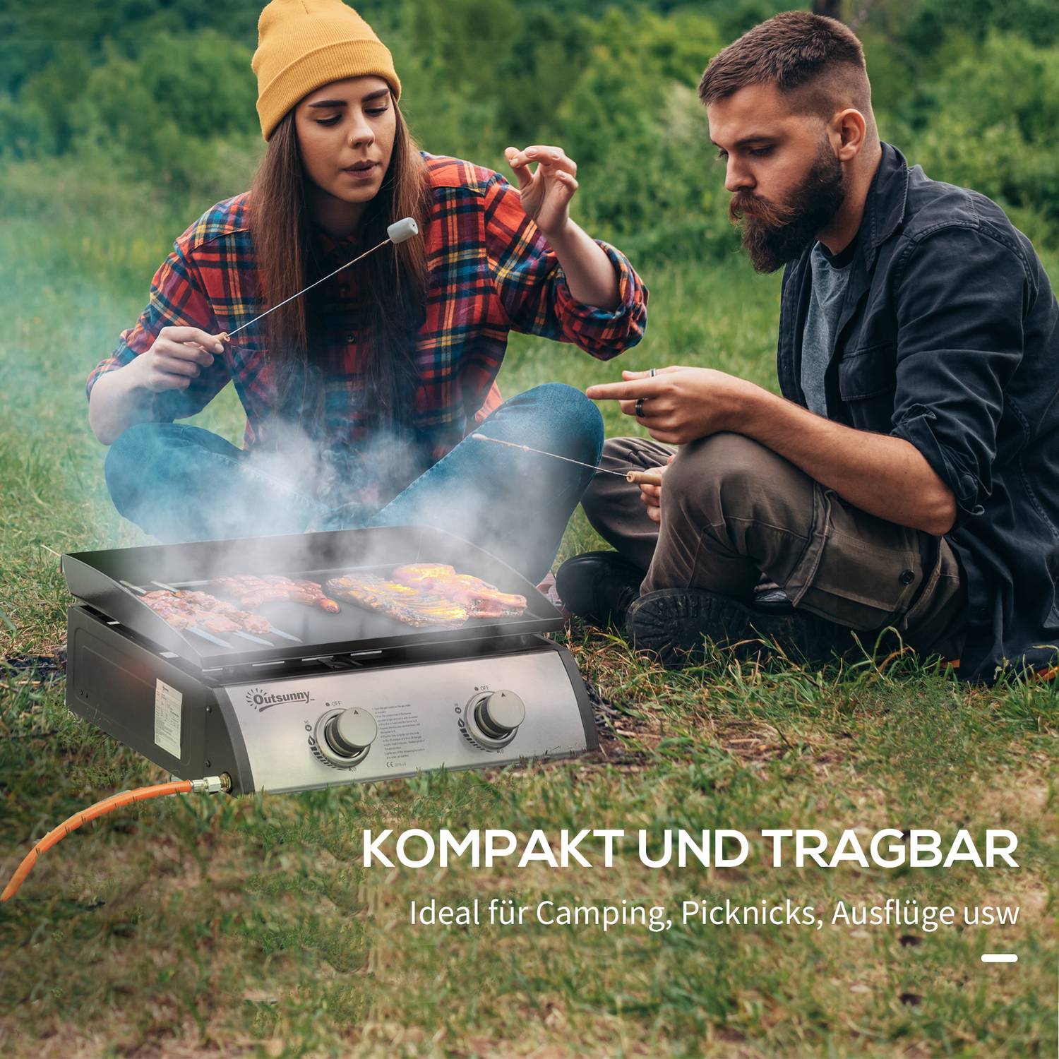 Gasgrill för bord - 2 brännare, rostfritt stål, non-stick