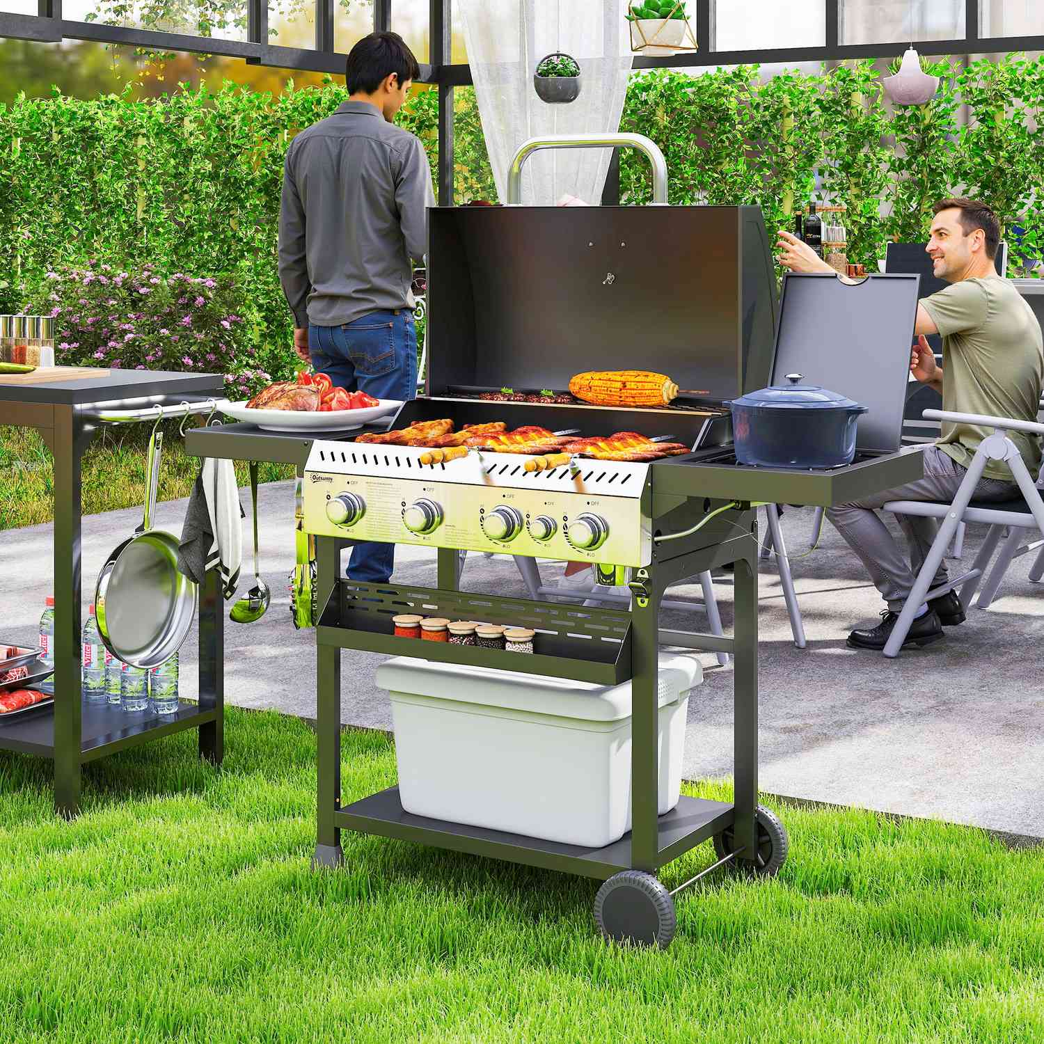 Gasgrill i rostfritt stål, 12KW, 4+1 brännare, med termometer