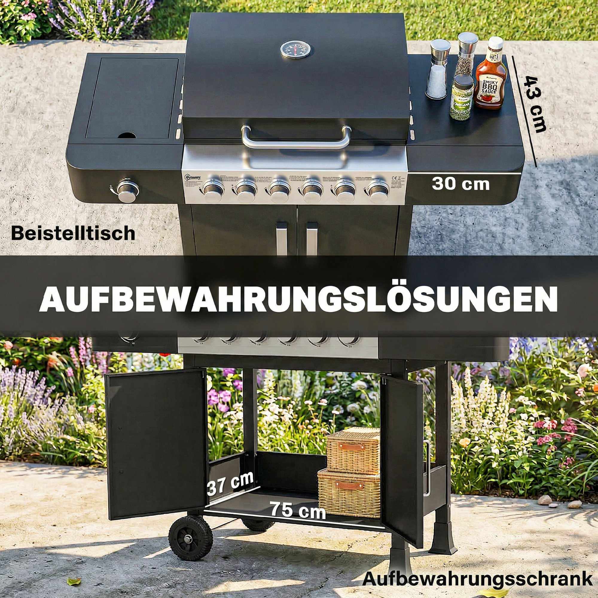 Gasgrill i rostfritt stål med 6 brännare och sidobrännare