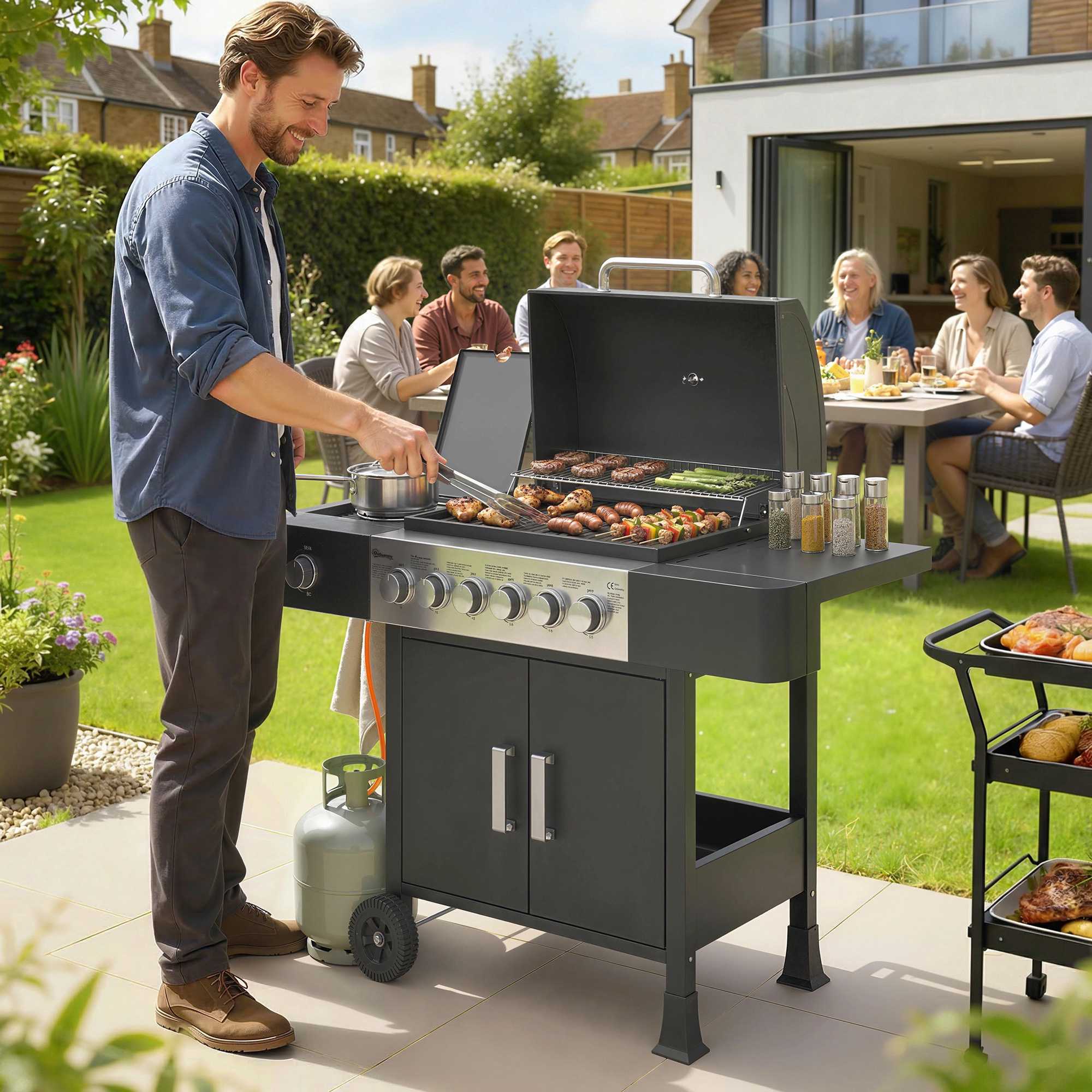 Gasgrill i rostfritt stål med 6 brännare och sidobrännare
