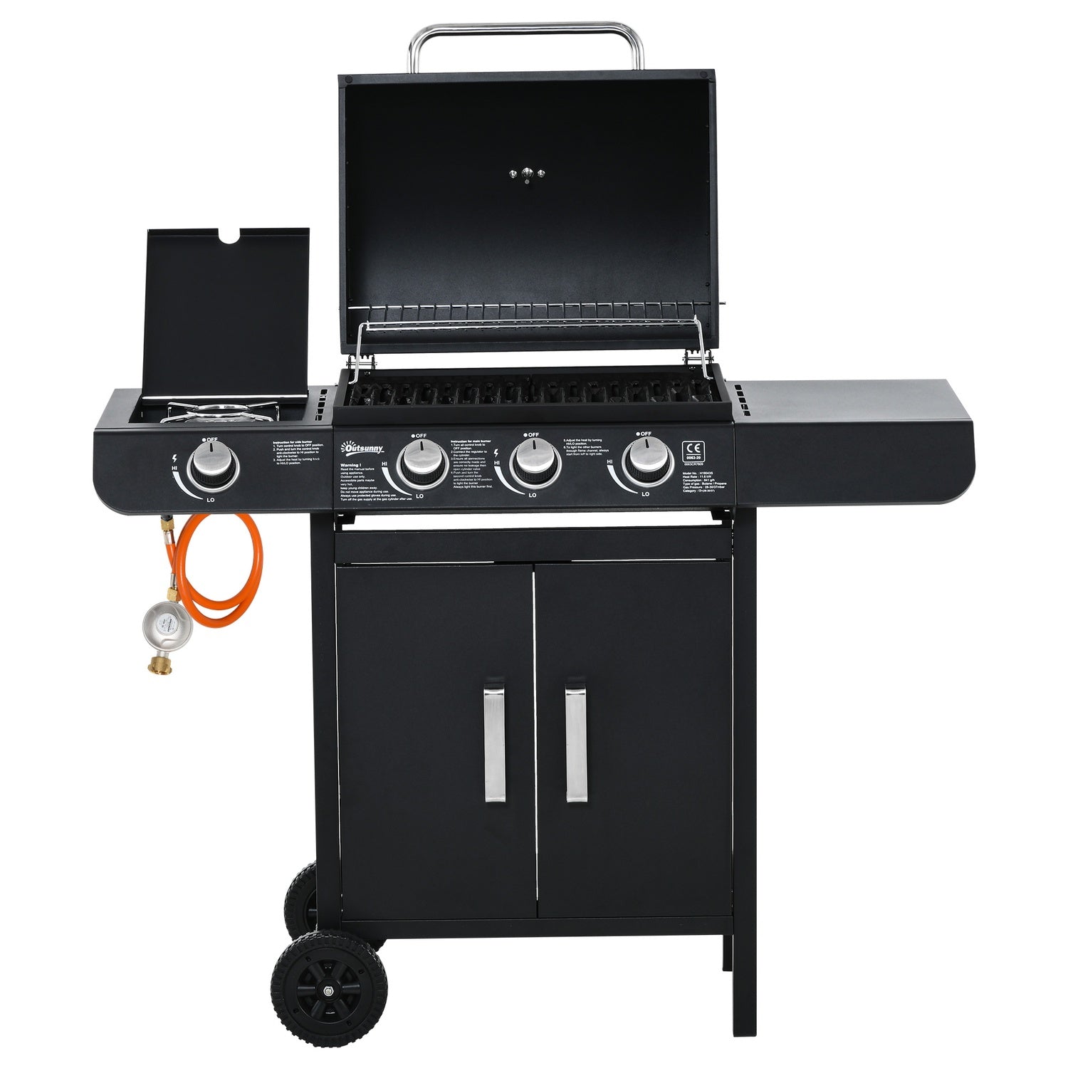 Gasgrill med 3 brännare & 1 sidobrännare, svart stålskåp