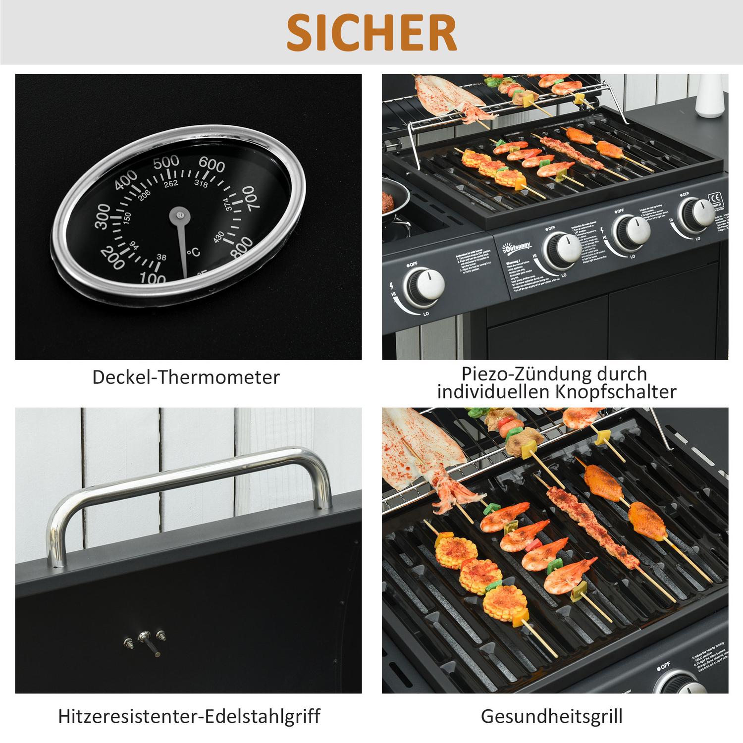 Gasgrill med 3 brännare & 1 sidobrännare, svart stålskåp