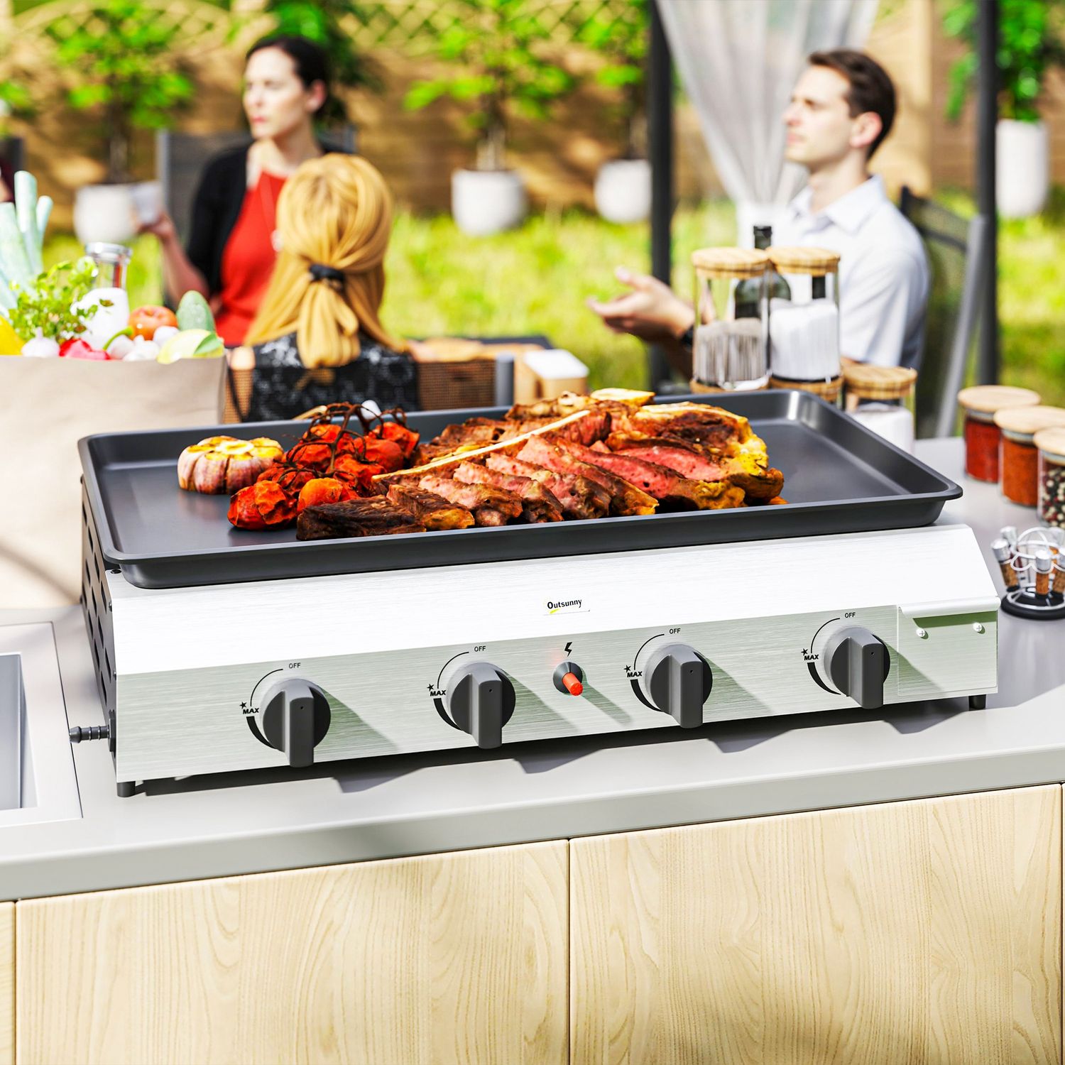 Gasgrill med 4 brännare, justerbara ben och kokplatta