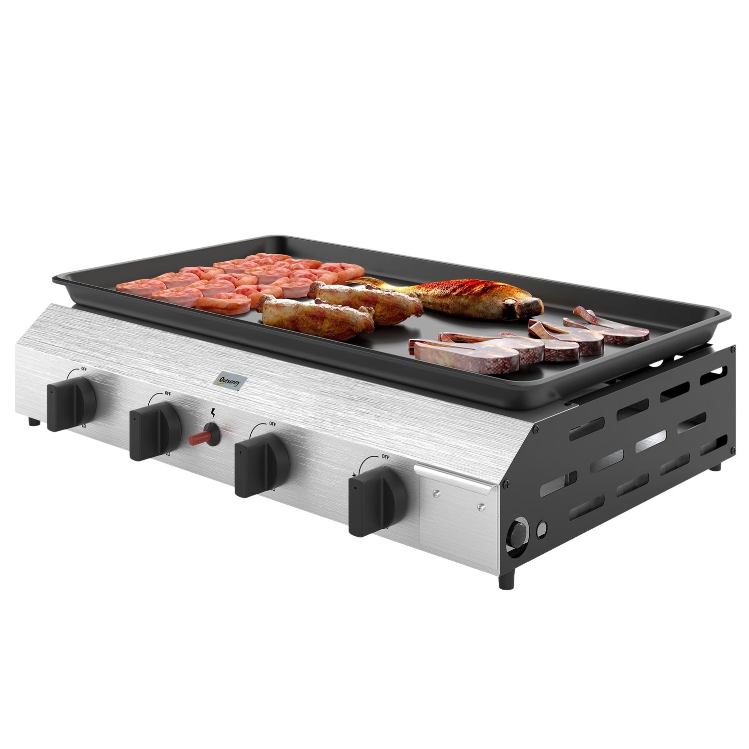 Gasgrill med 4 brännare, justerbara ben och kokplatta