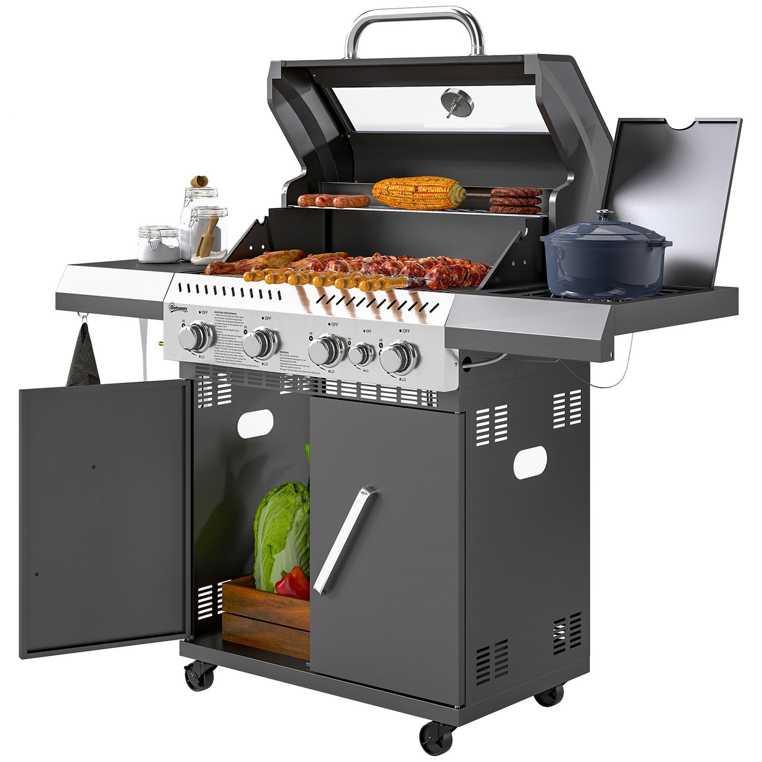 Gasgrillvagn – 5 brännare, termometer, sidohyllor