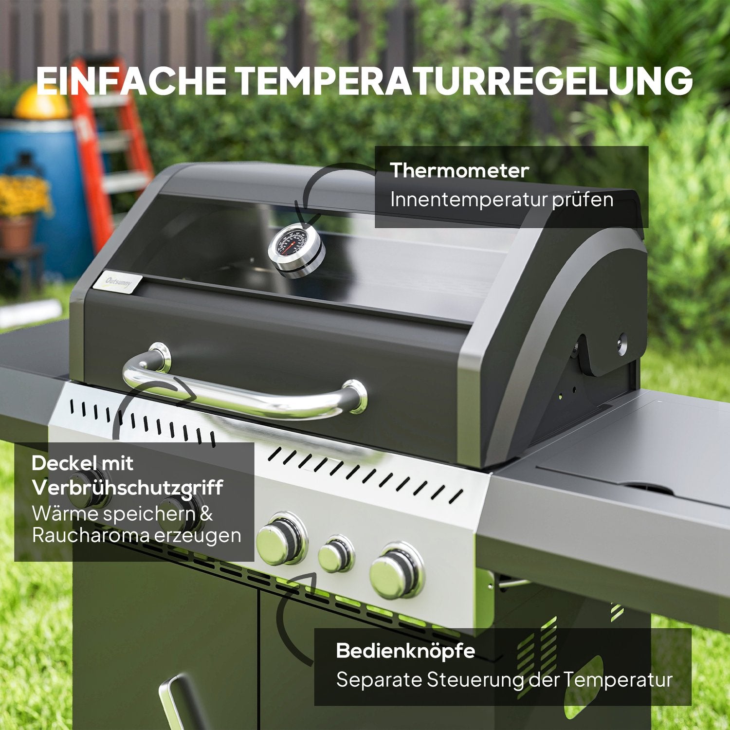 Gasgrillvagn – 5 brännare, termometer, sidohyllor