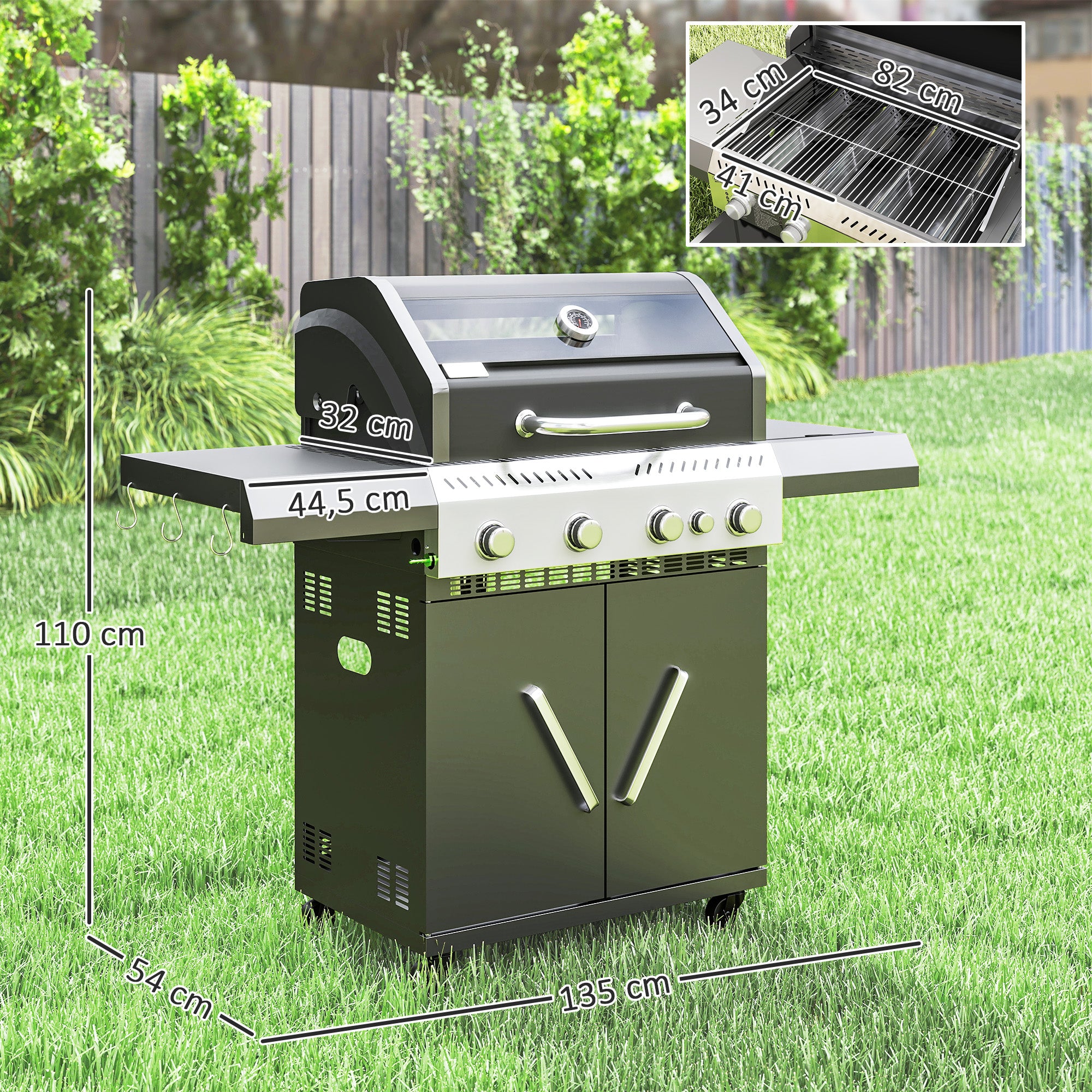 Gasgrillvagn – 5 brännare, termometer, sidohyllor