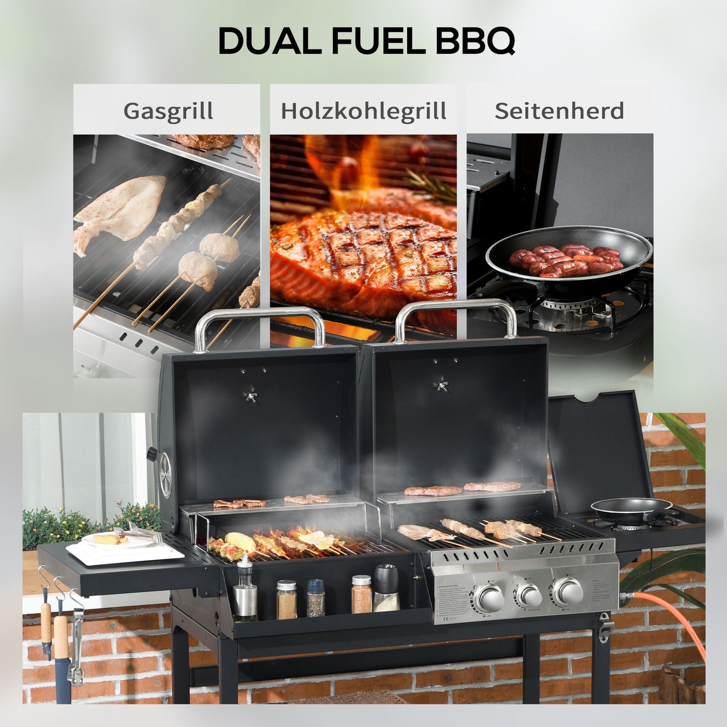 Gasgrillvagn med 3 brännare, termometer, hyllor