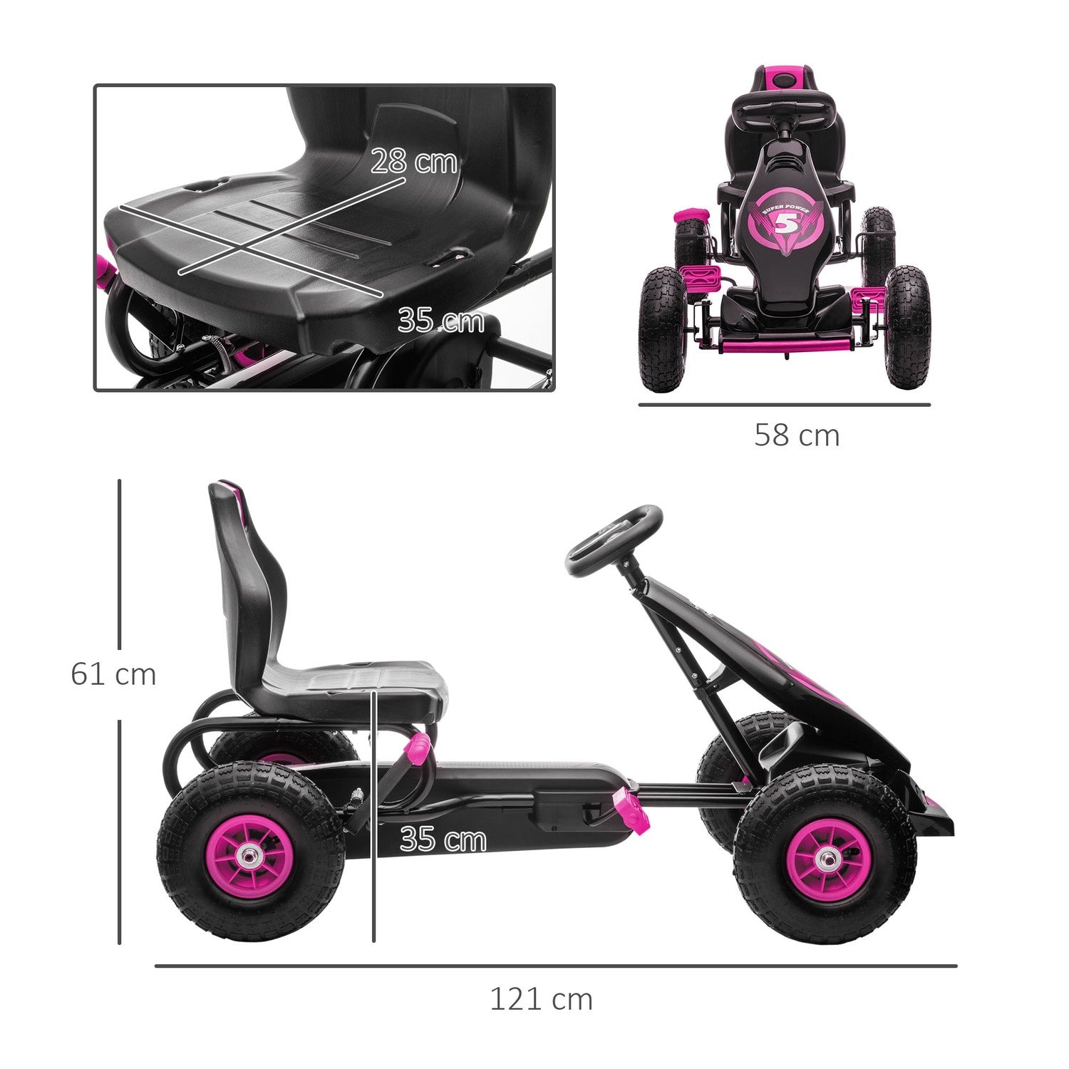 Gokart för barn med justerbar sits och handbroms, rosa