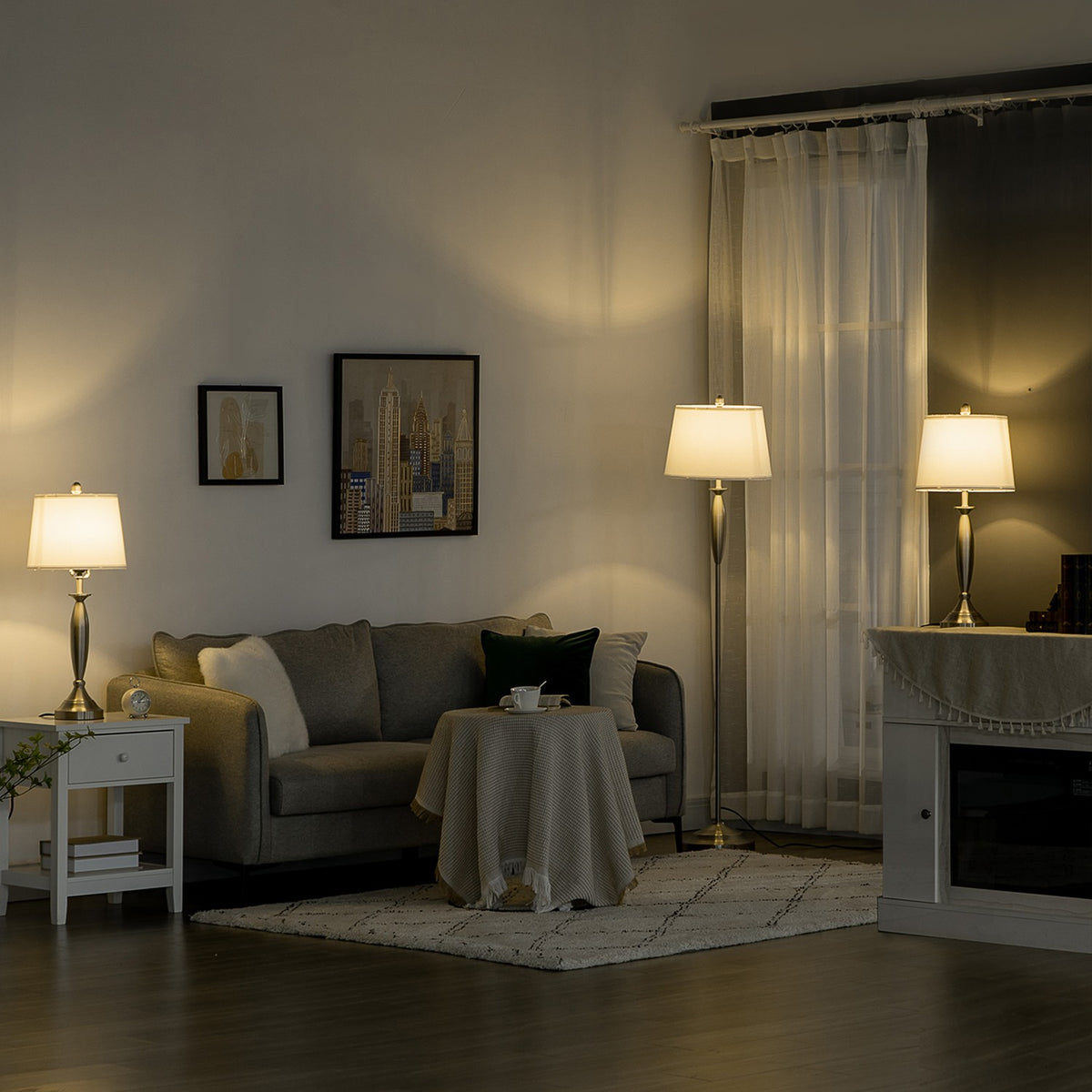 Ensemble lampadaire & lampes de table, argent & blanc, E27, 3 pièces