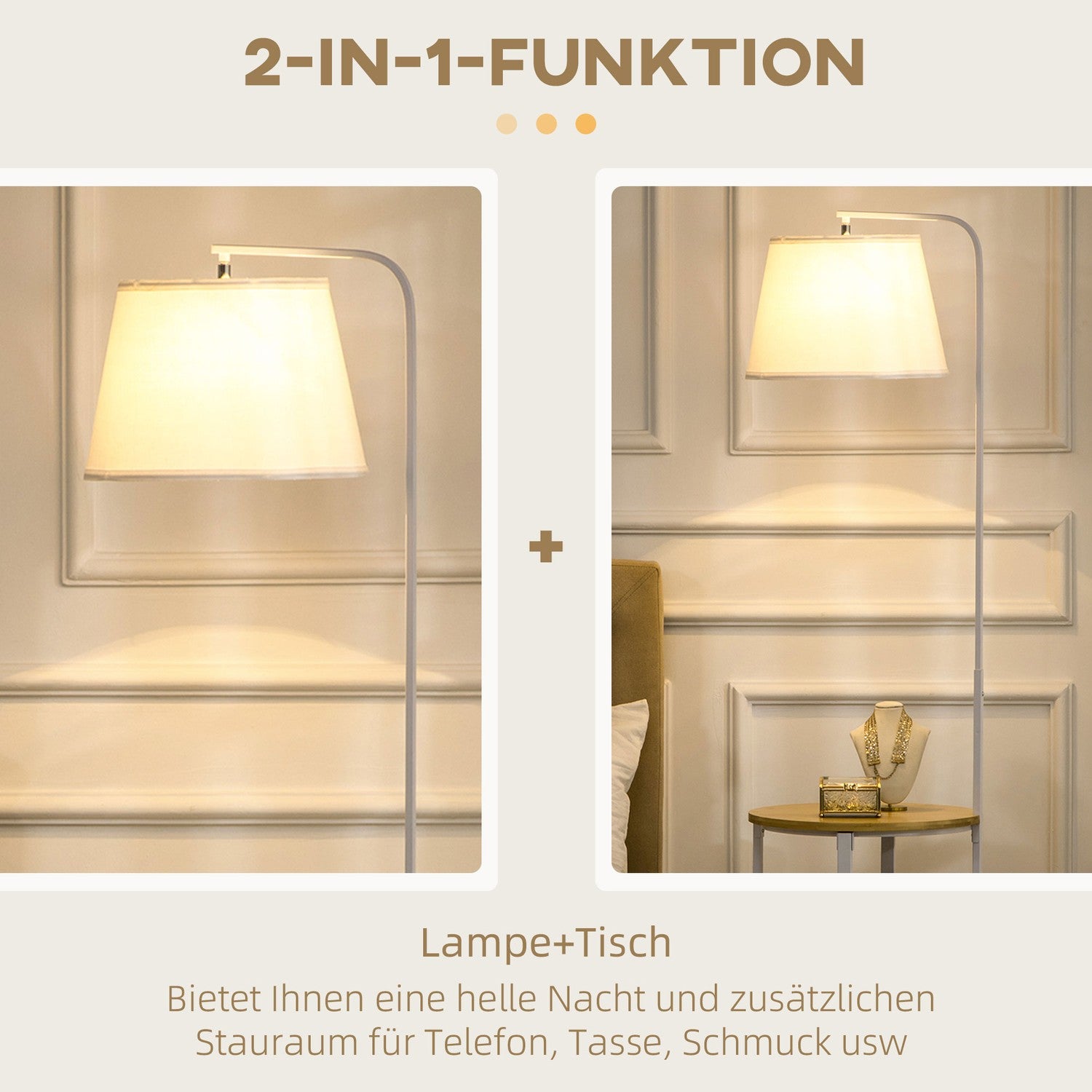 Golvlampa i vit metall, 40W, Skärm i linne, 162 cm Höjd