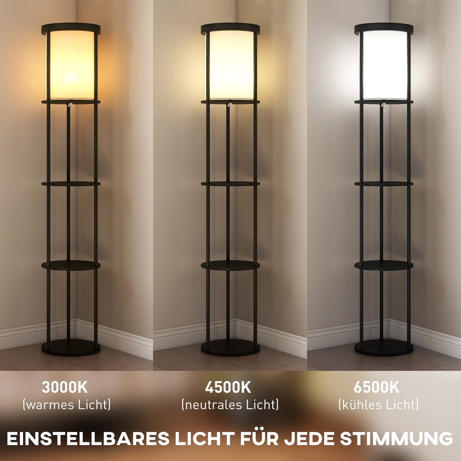 Golvlampa med hyllor, fjärrkontroll, justerbar belysning, svart