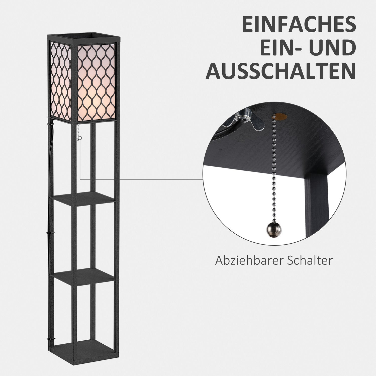 Golvlampa med hyllor – svart trä, 160cm, E27 40W