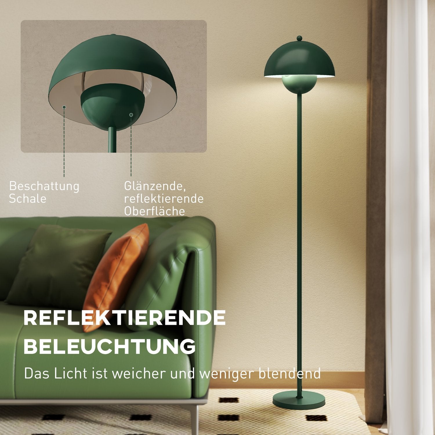 Golvlampa med rund skärm, fotkontakt, lång kabel, grön