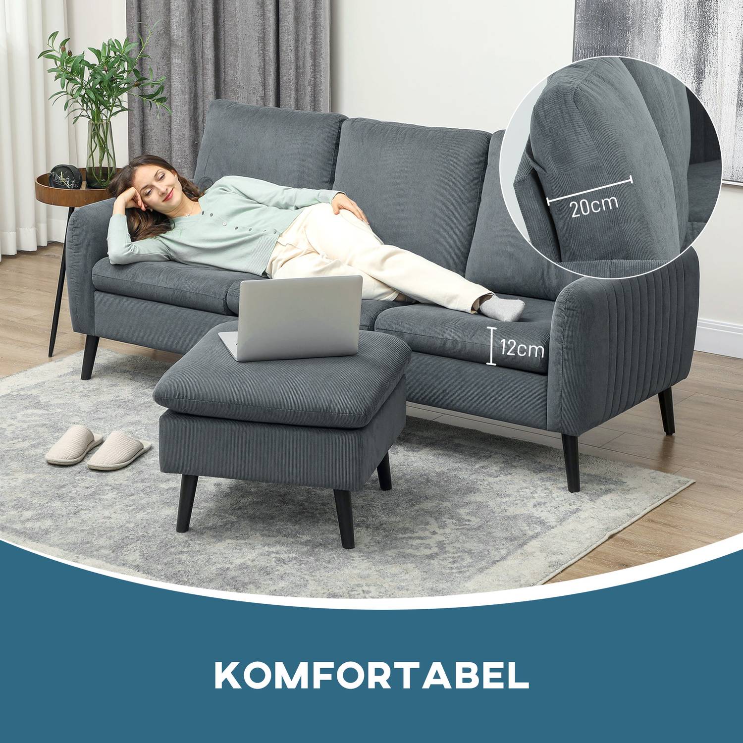 Grå L-formad hörnsoffa med fotpall & kuddar