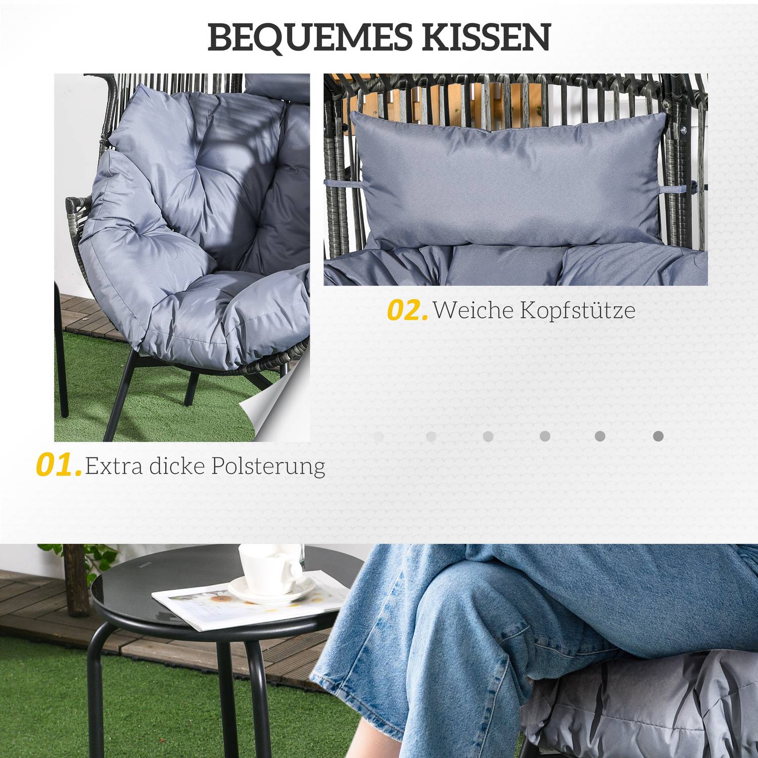 Grey Rattan Egg Stol med Dyna, 120 kg Kapacitet