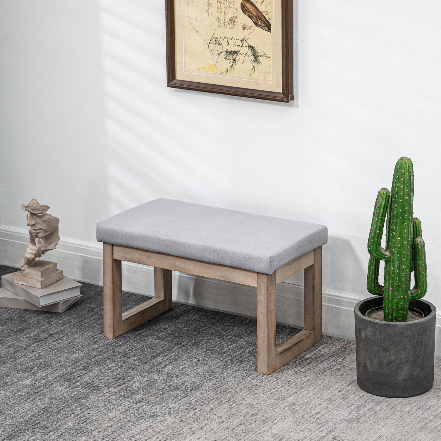 Grå fotpall i linnelook med träben – 68x38x42 cm