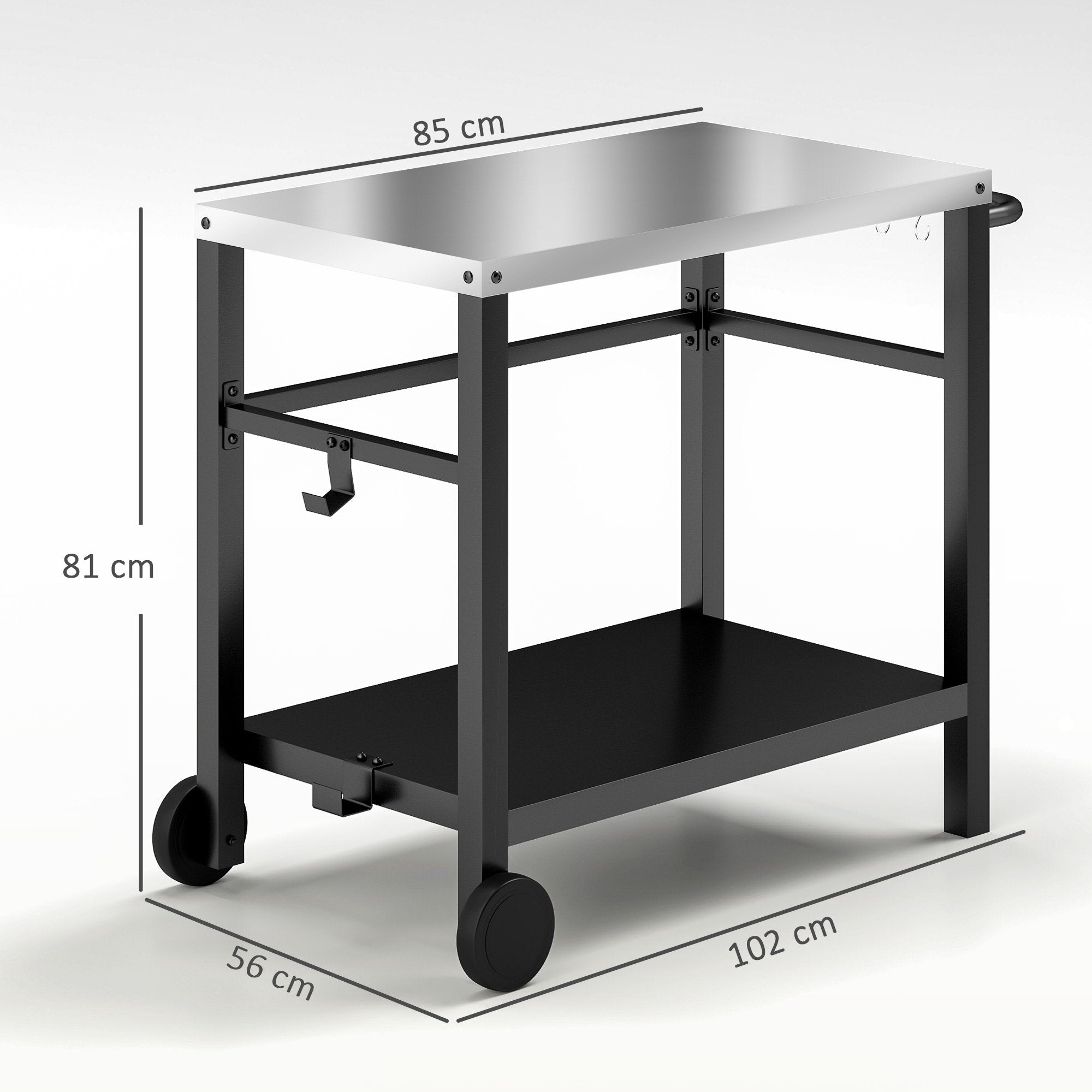 Grillbord för utomhusbruk med topp i rostfritt stål och hjul