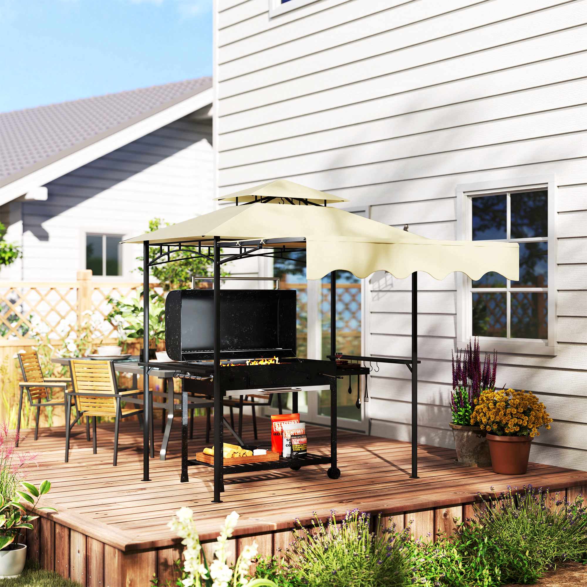 Grillpaviljong med justerbar markis och hyllor