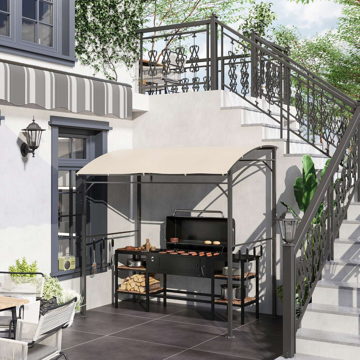 Abri de barbecue avec protection pluie résistante aux UV, cadre en acier beige