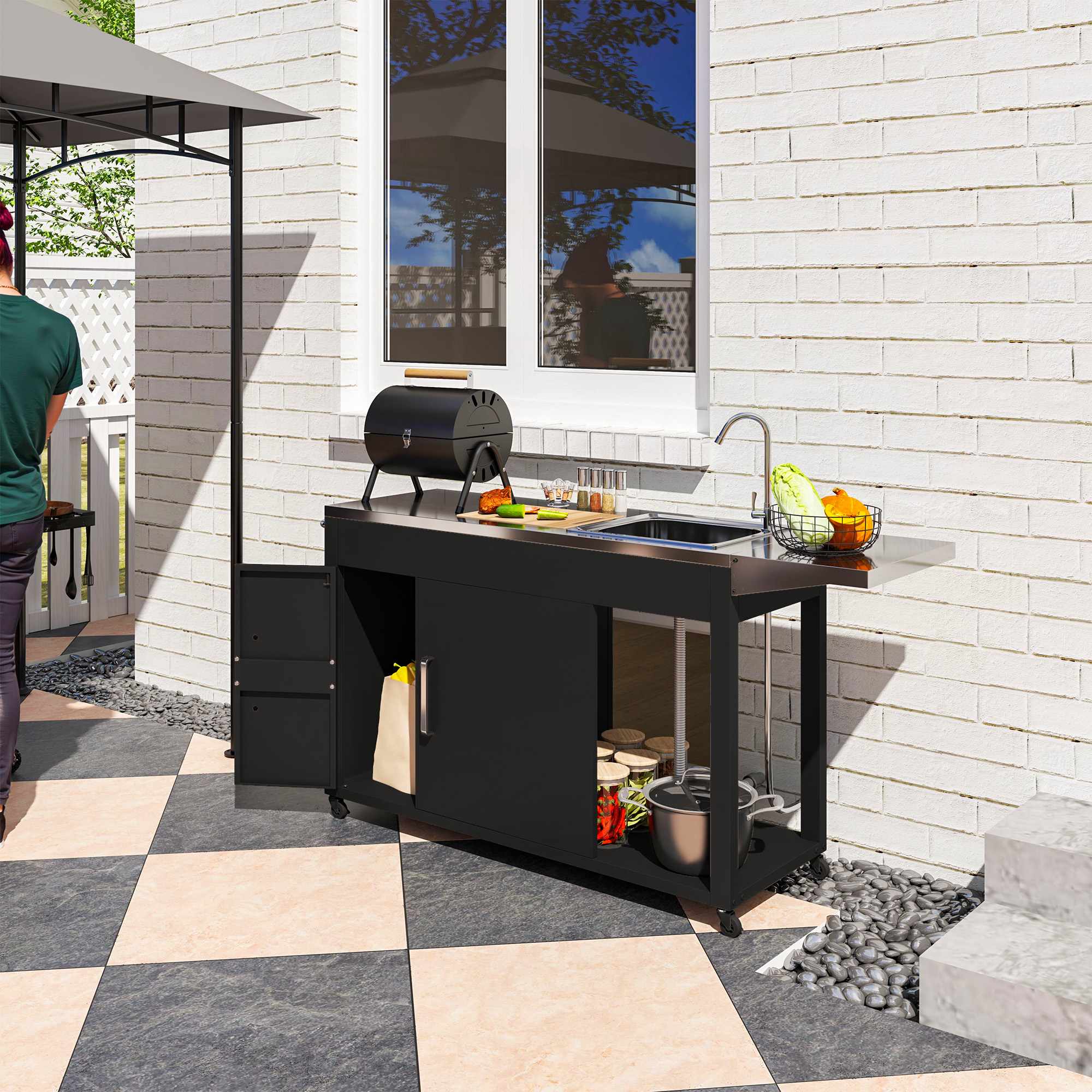 Grillvagn i rostfritt stål för utomhusbruk med diskho