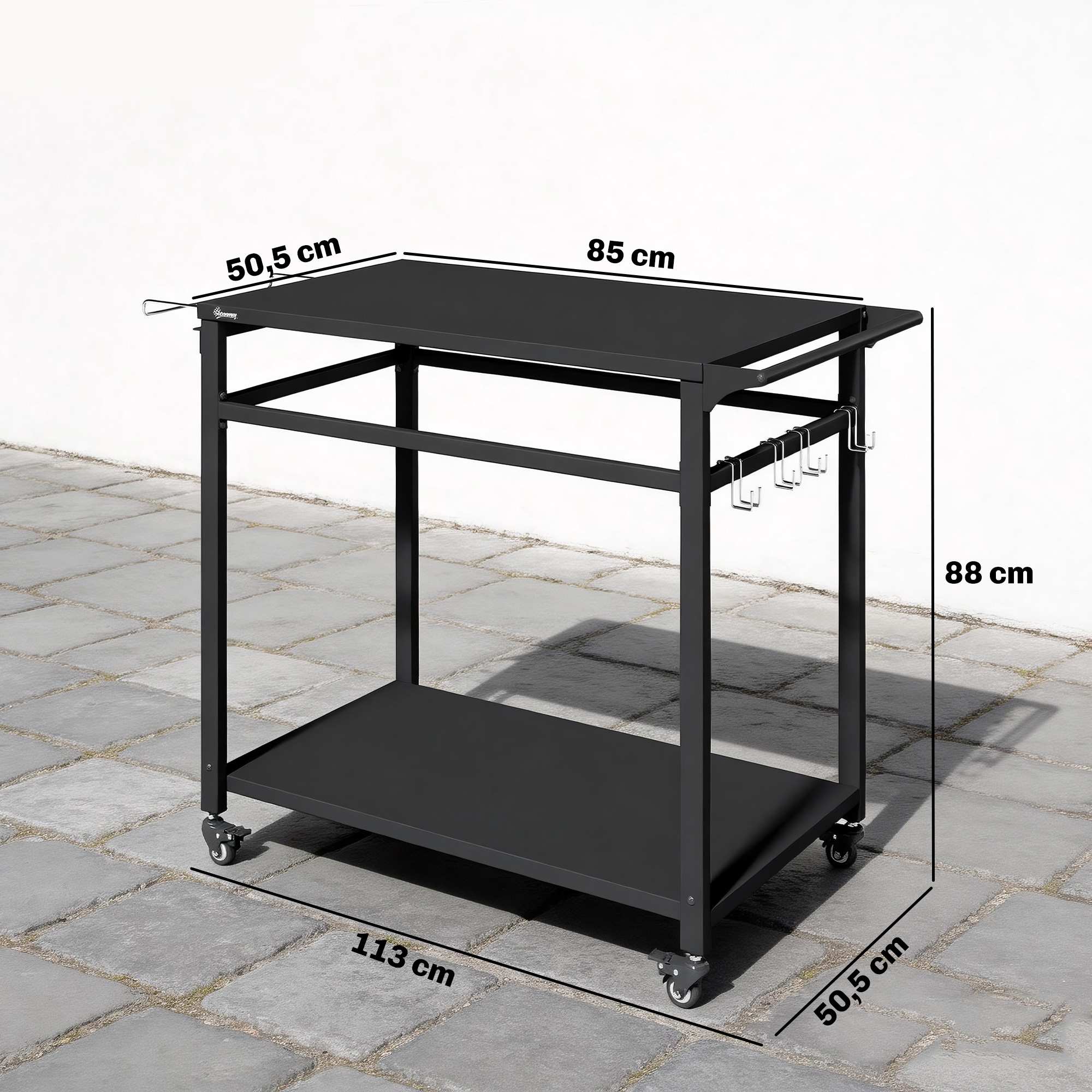 Grillvagn med hjul, 2 nivåer, svart, 113x50,5x88 cm