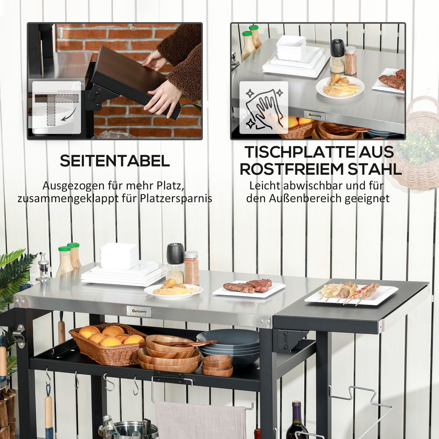 Grillvagn med hopfällbart sidobord och hjul