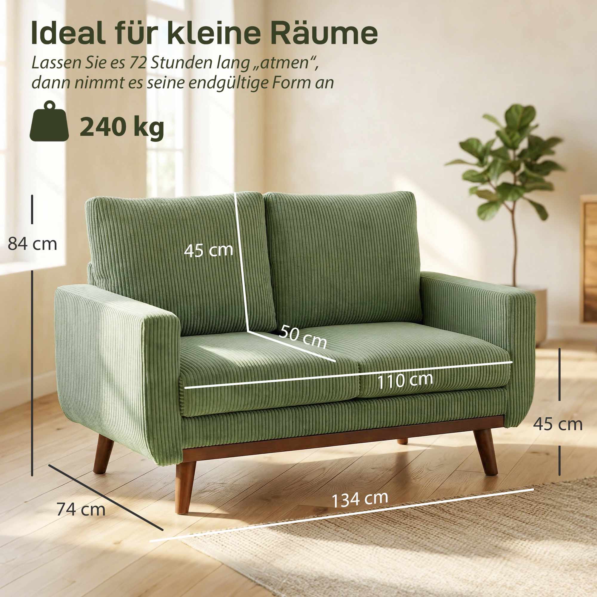 Grön sladdsoffa med 2 säten, 134 cm med pocketfjädrar