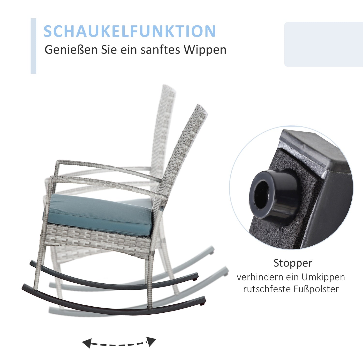 Grå polyrattan trädgårdsgungstol med kuddar