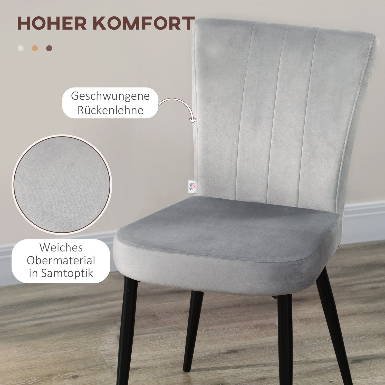 Grå sammetsmatsalsstolar, set om 4 – Stålstomme, 46x65x87 cm