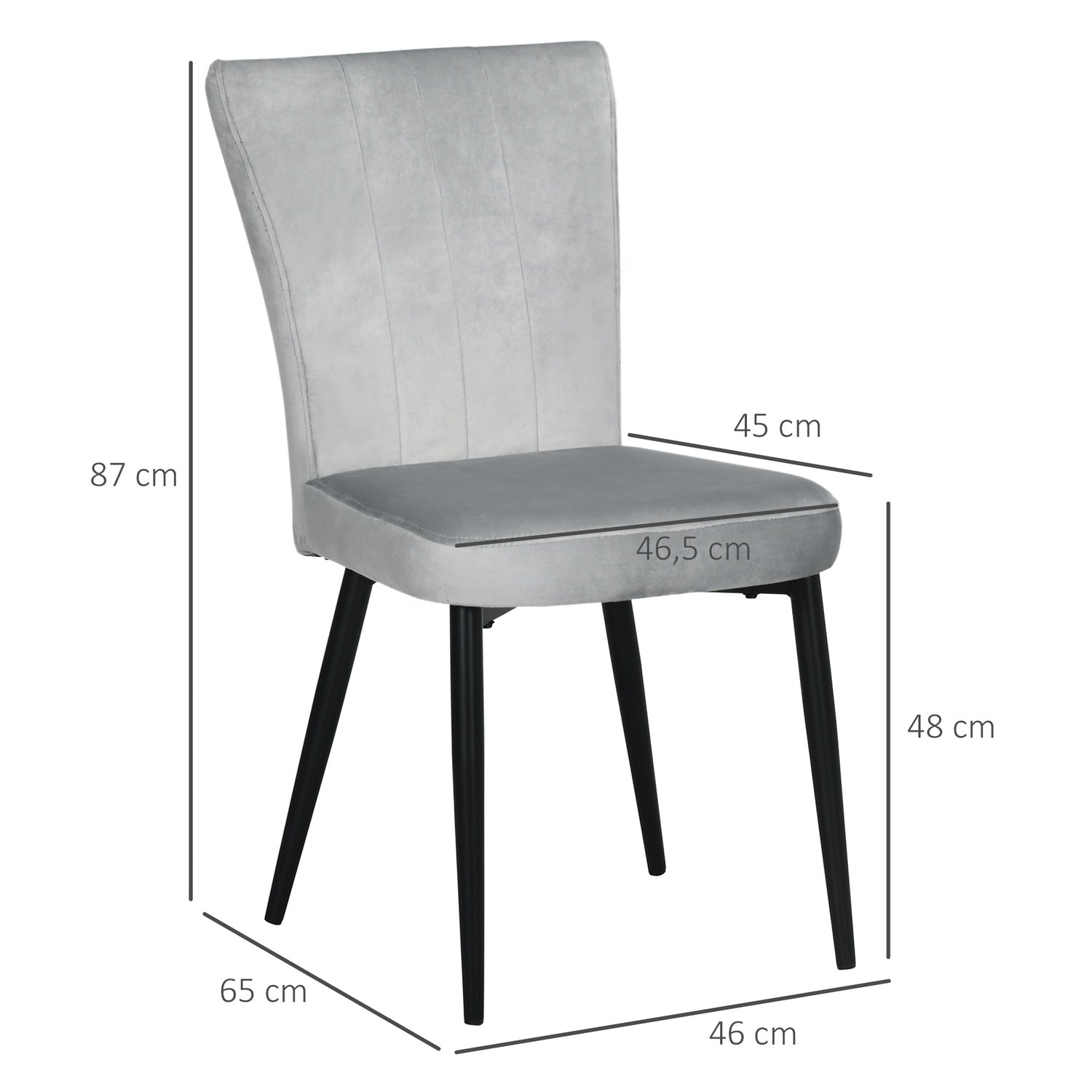 Grå sammetsmatsalsstolar, set om 4 – Stålstomme, 46x65x87 cm