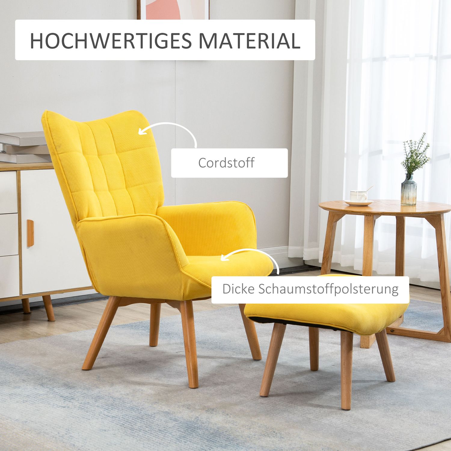 Gul Corduroy Wing Chair med pall – Wooden Legs Fåtölj