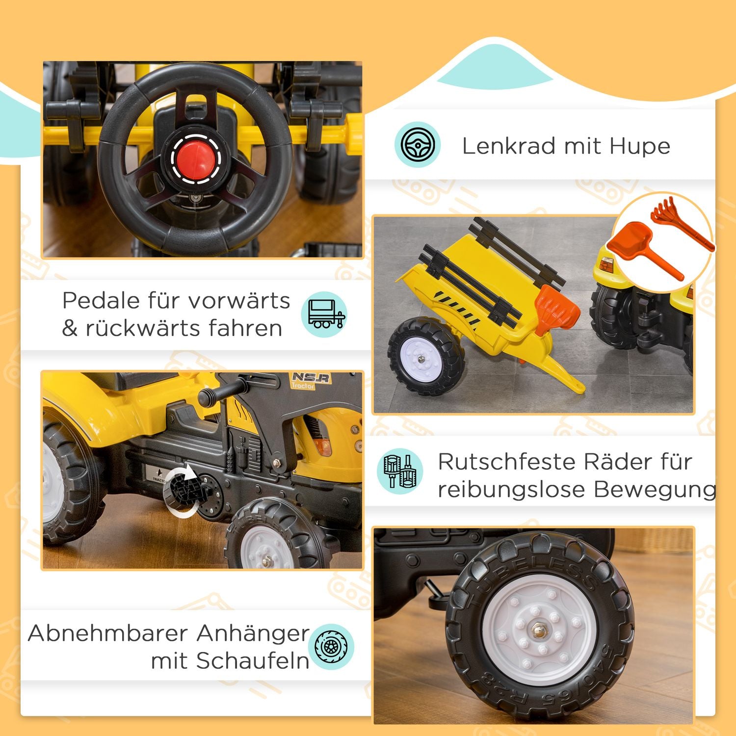 Gul pedaltraktor och släp för barn 3+ med spade