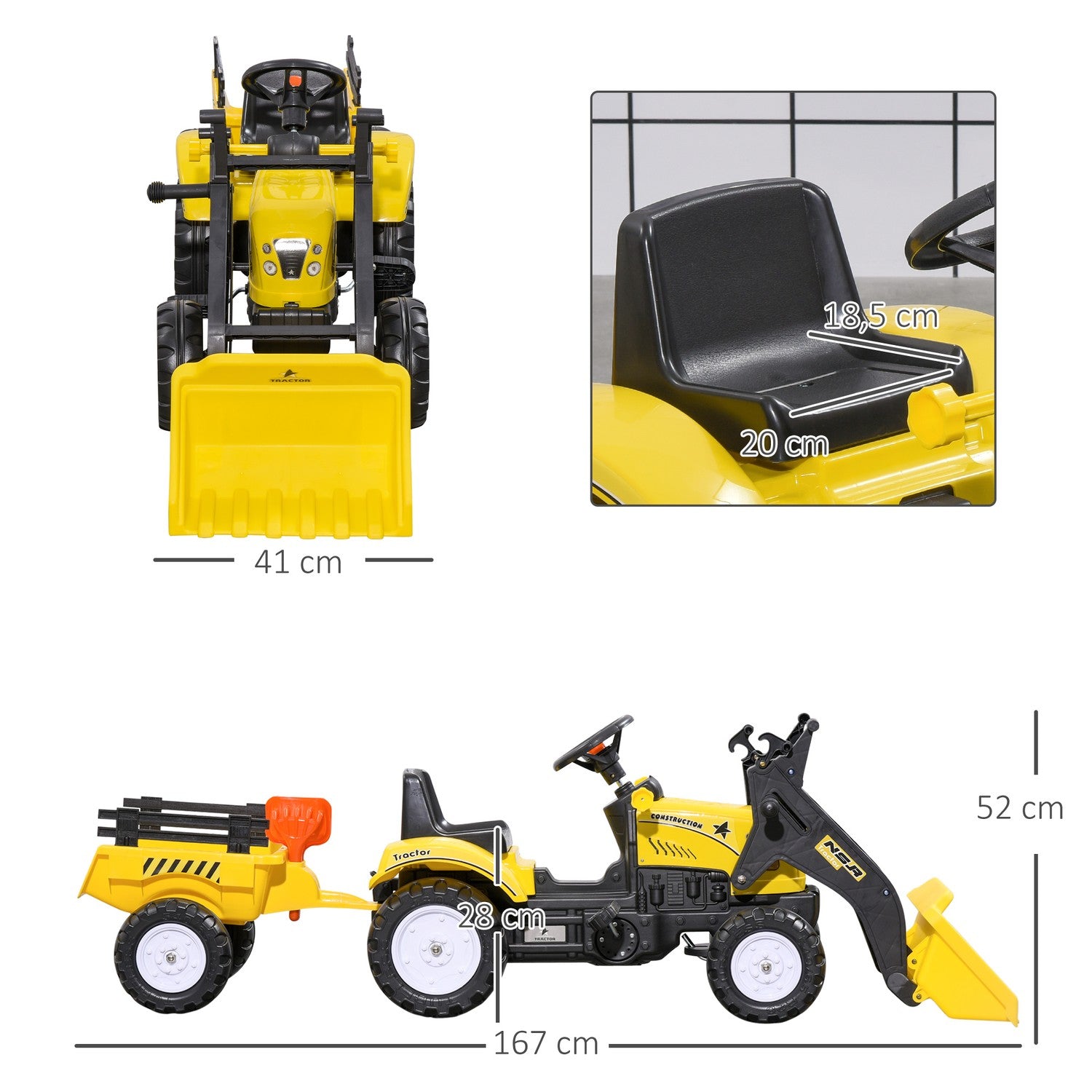 Gul pedaltraktor och släp för barn 3+ med spade