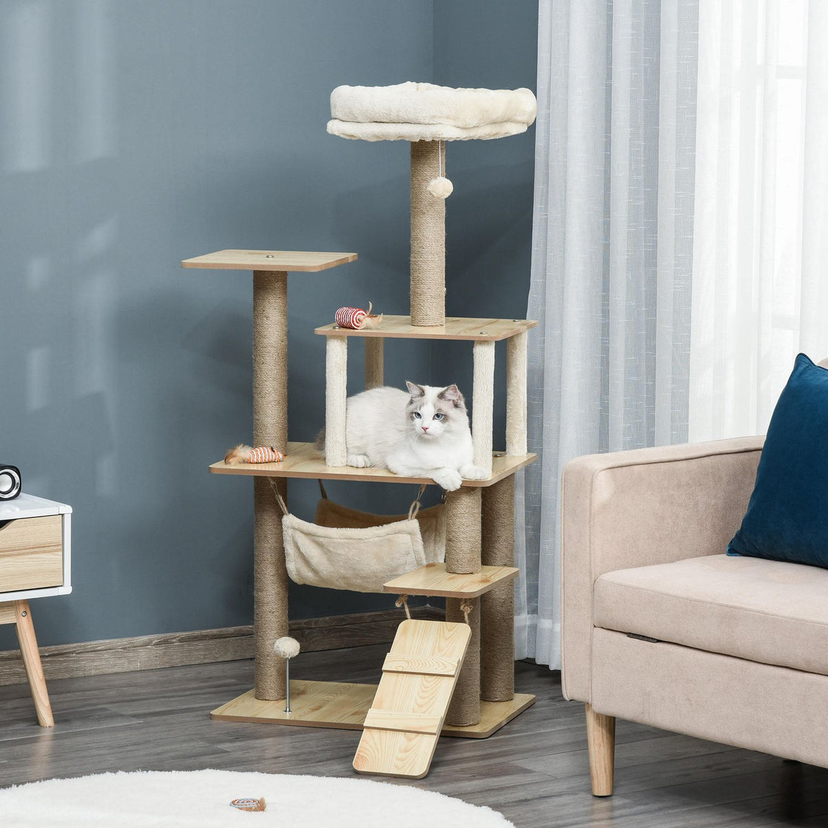 Gult kattträd – skrapstolpe med grotta och leksaker, 60x40x130 cm