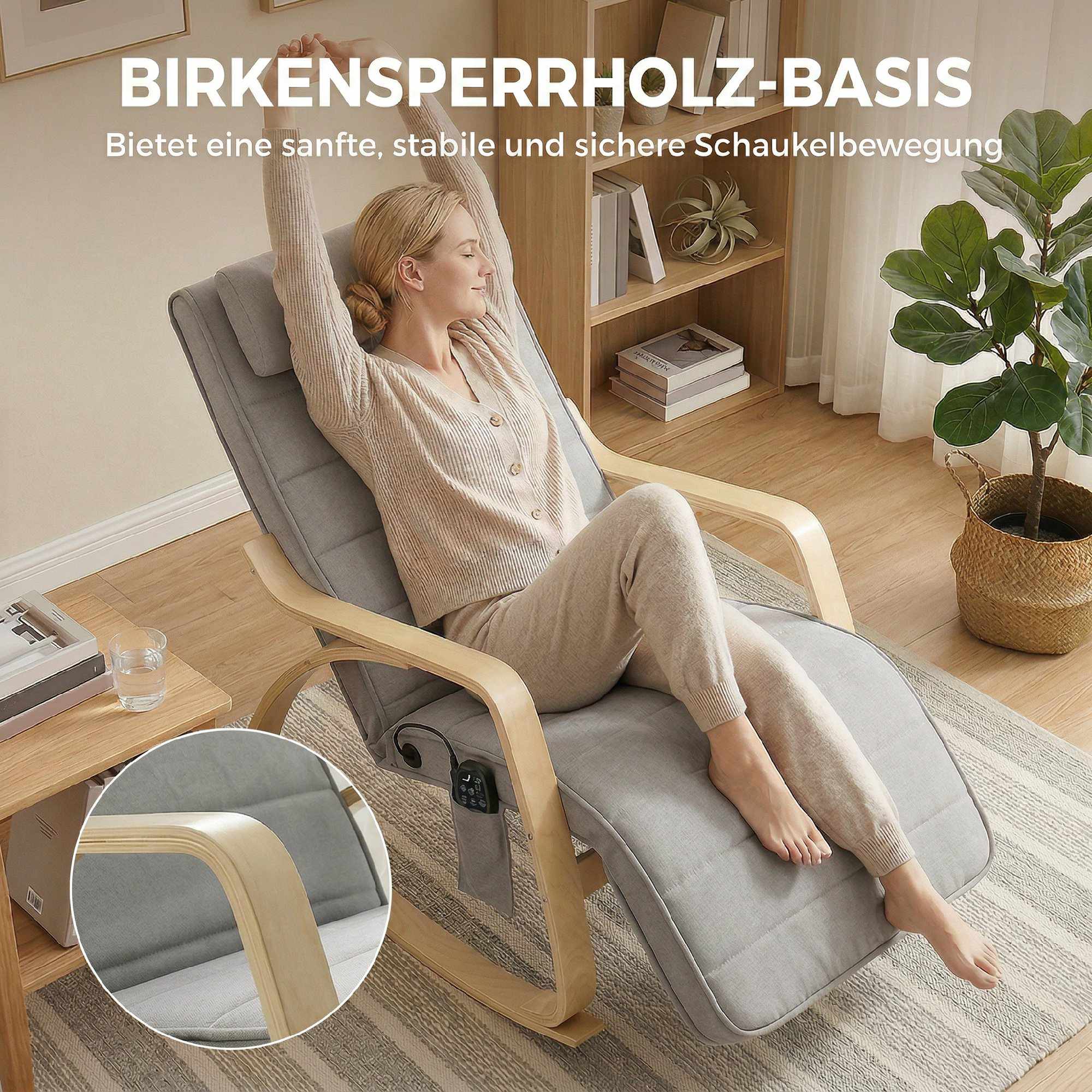 Gungstol med massage, värme, nackstöd och fotstöd, sammet, ljusgrå