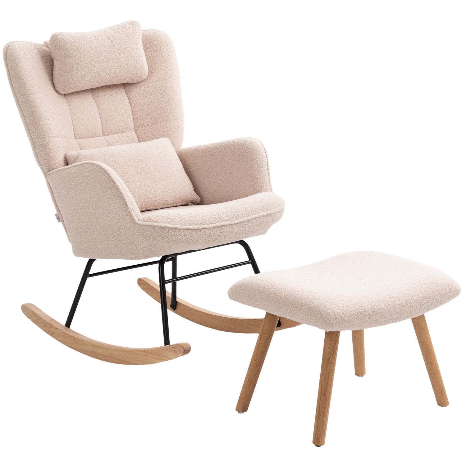 Gungstol med ottomansk, fleeceöverdrag, träben, beige