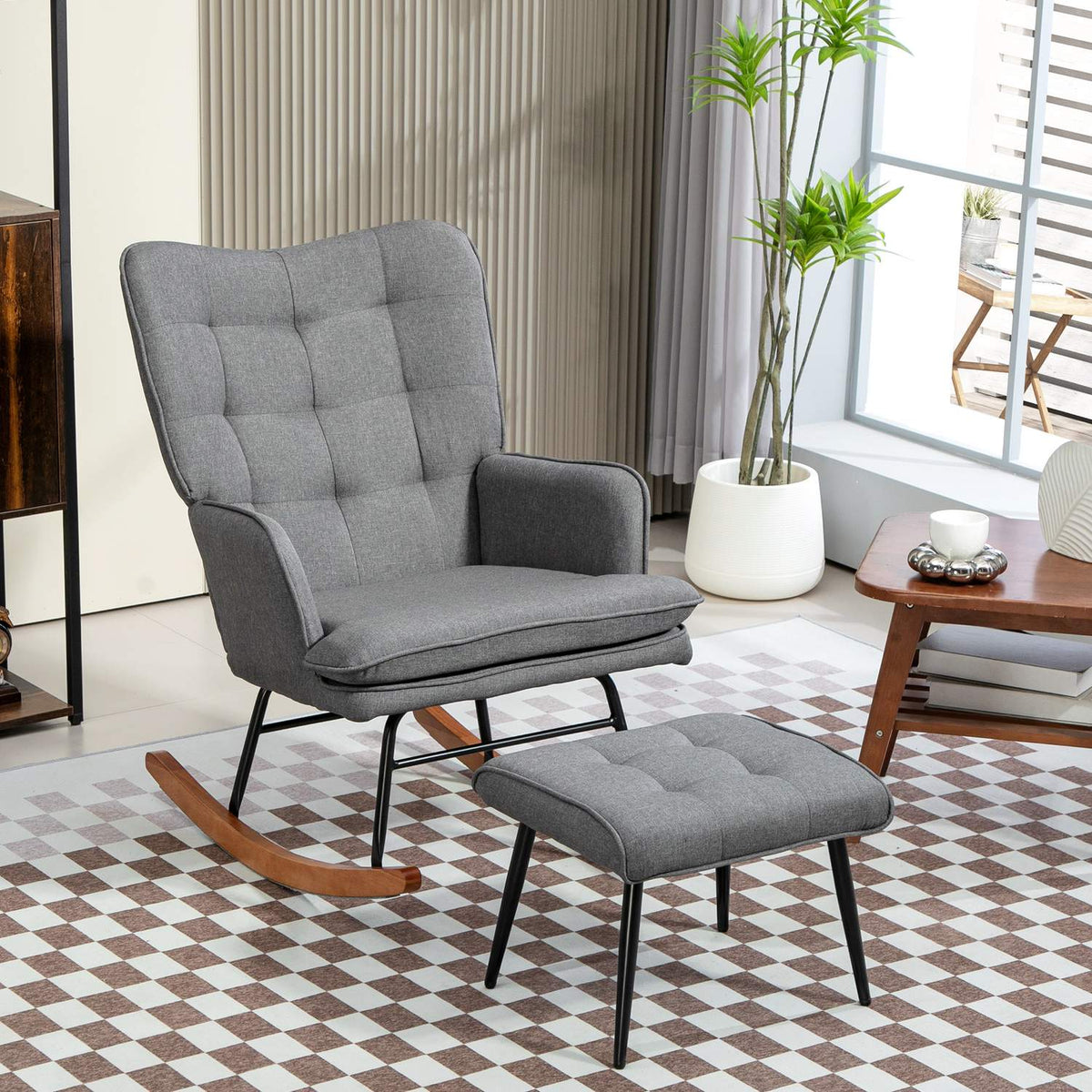Chaise à bascule avec tabouret – aspect lin, capacité 130 kg
