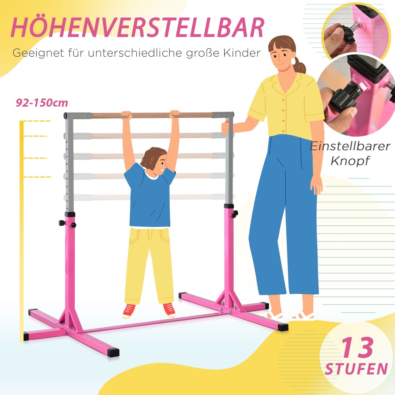 Gymnastik högstång, höjdjusterbar, rosa stålstänger