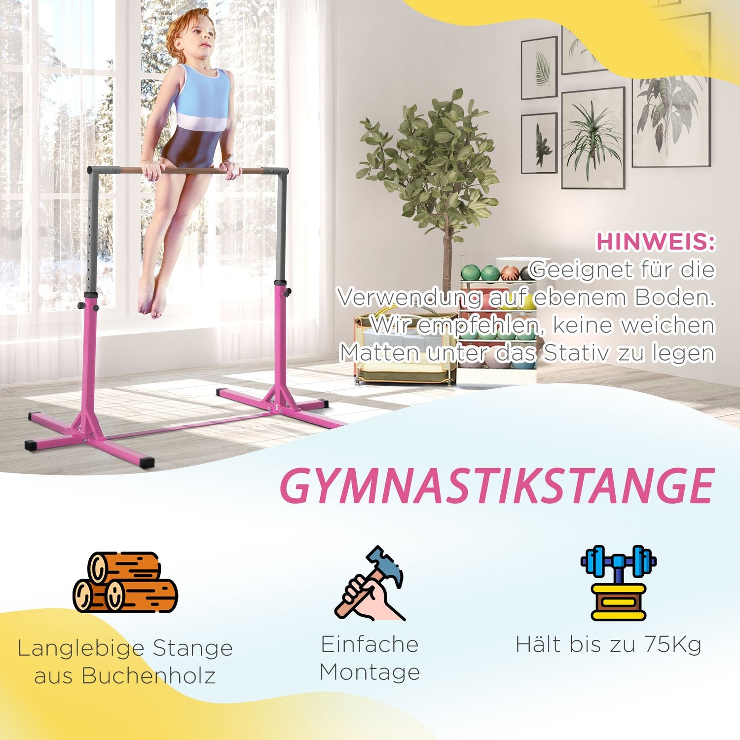 Gymnastik högstång, höjdjusterbar, rosa stålstänger
