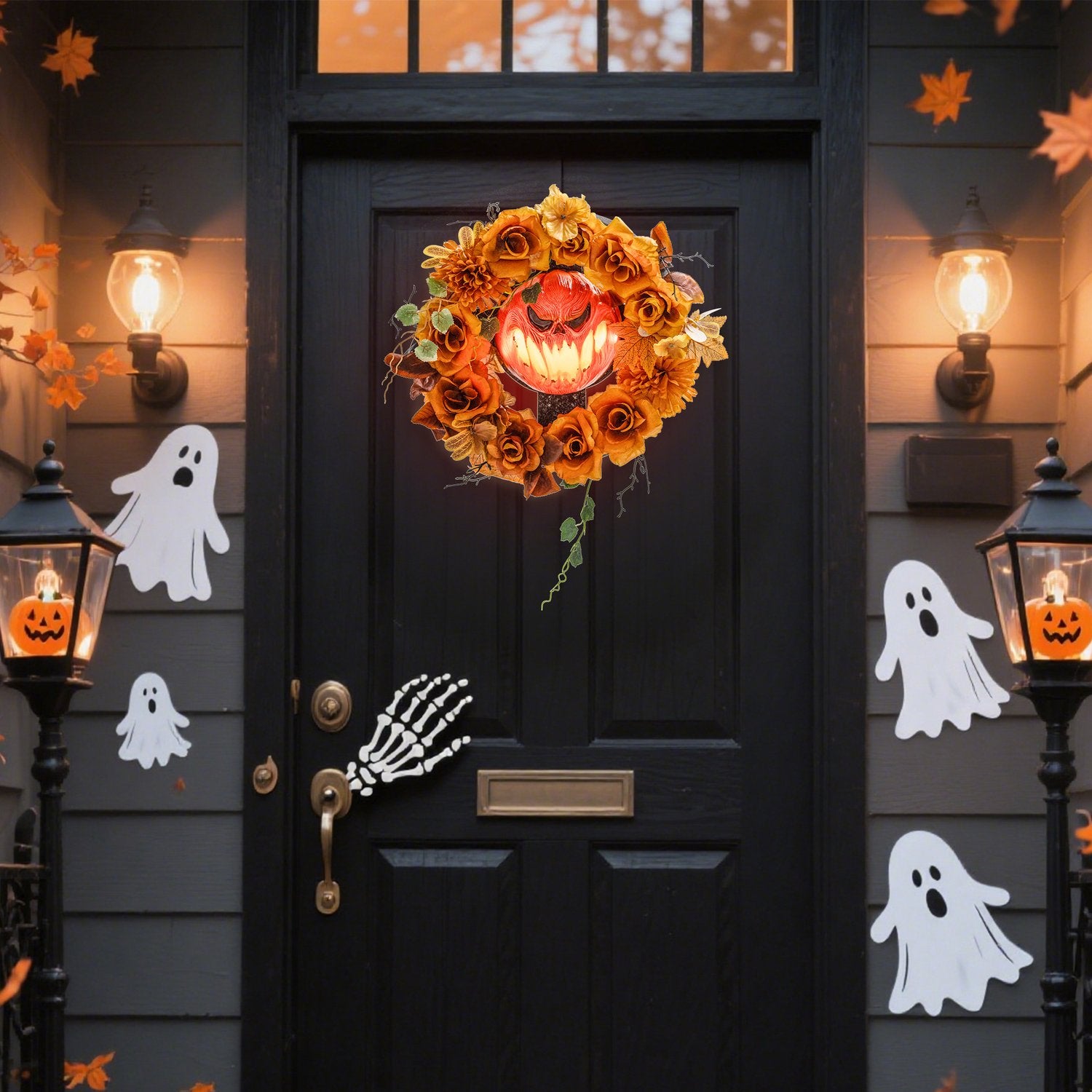 Halloweenkrans, pumpadesign, höstlöv, LED-effekter