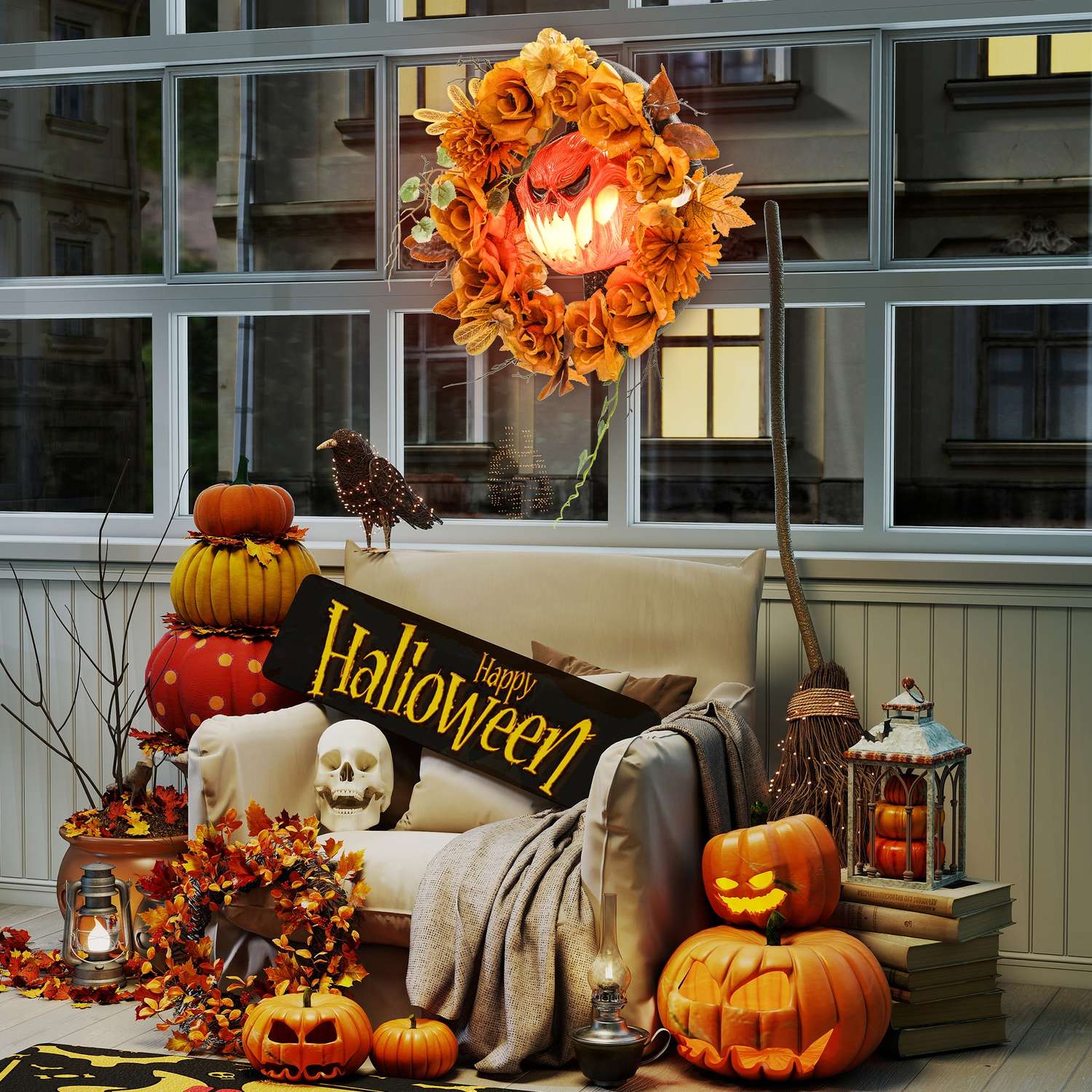 Halloweenkrans, pumpadesign, höstlöv, LED-effekter