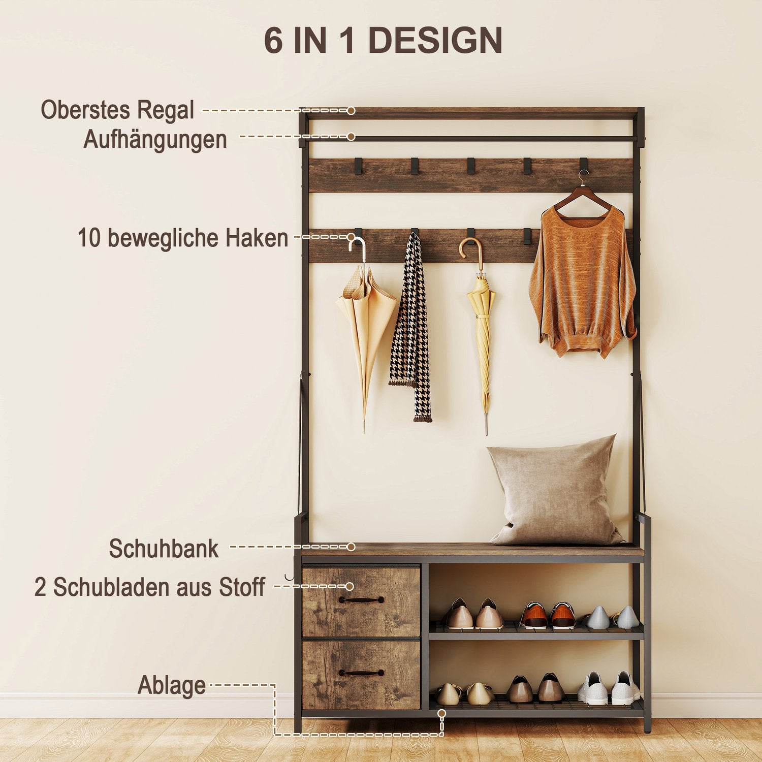 Hallträd med bänk, skohylla, 10 krokar, 2 tyglådor